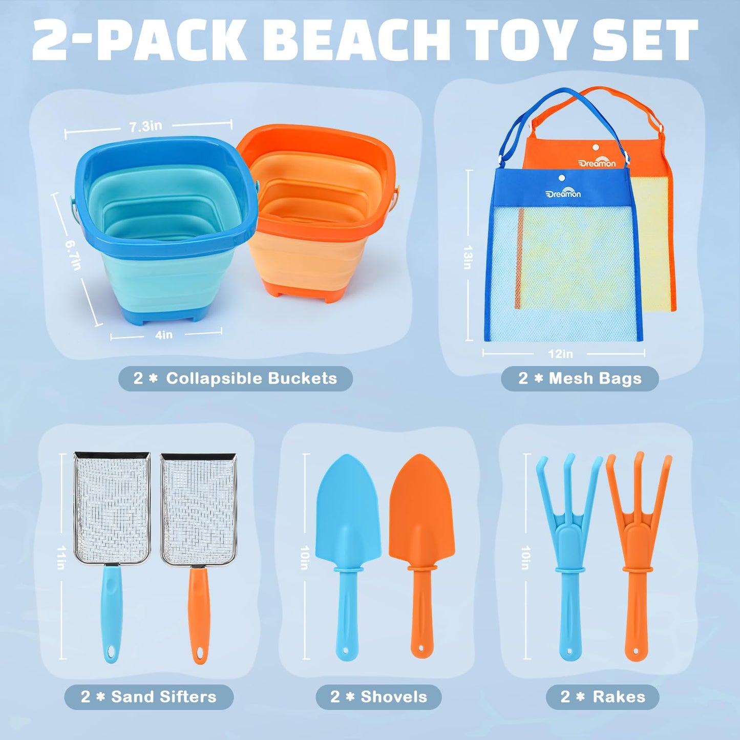 Dreamon Beach Toys – 2-Pack Travel Sand Toys for Kids 4-8 | 10 PCS Sandcastle Kit