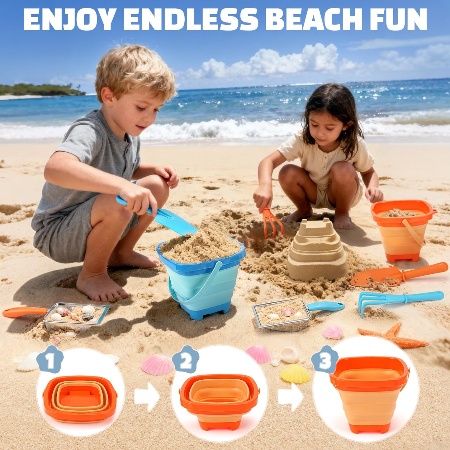Dreamon Beach Toys – 2-Pack Travel Sand Toys for Kids 4-8 | 10 PCS Sandcastle Kit