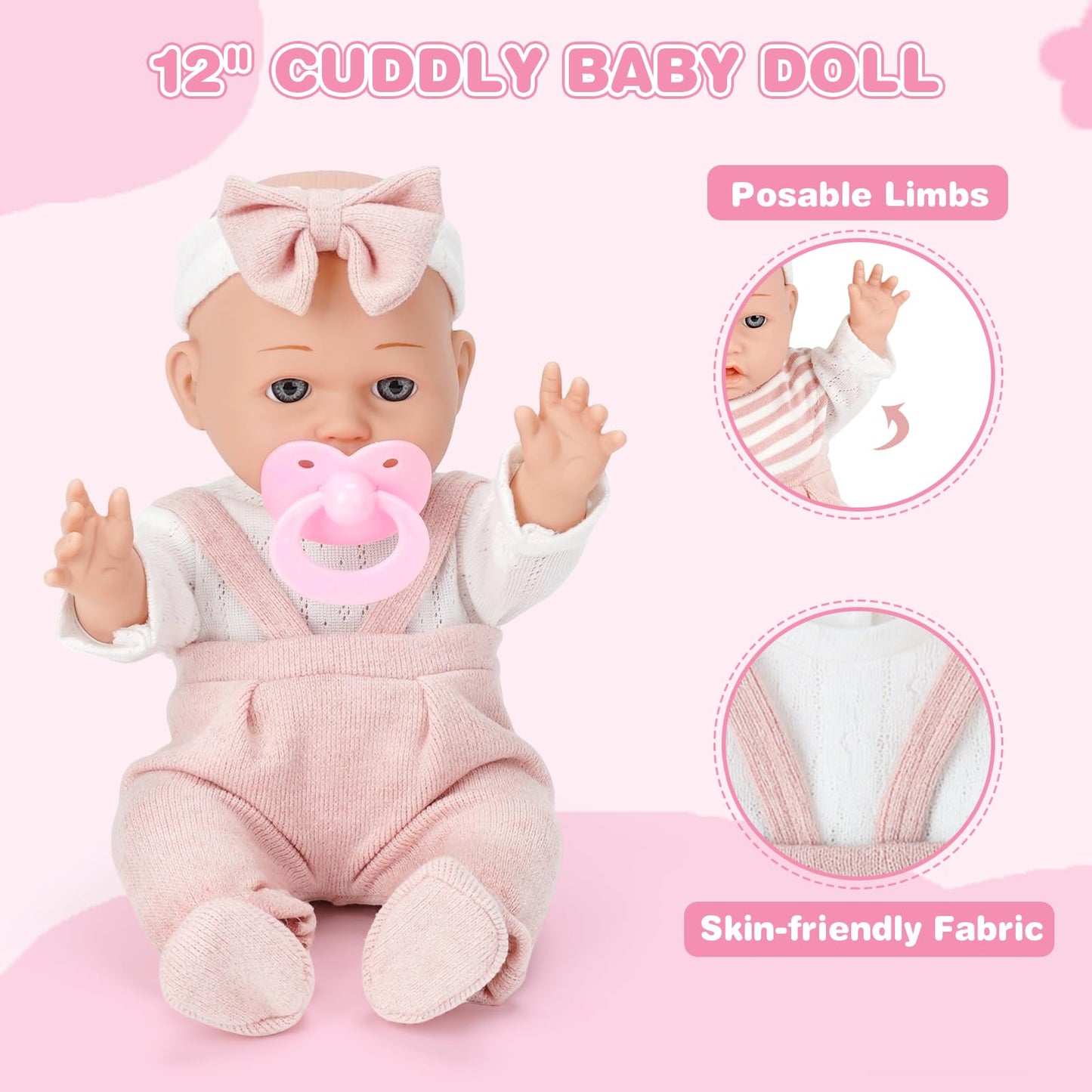 Dreamon 12'' Baby Doll Playset with Carrier Bassinet – 11-Piece Pretend Play Set