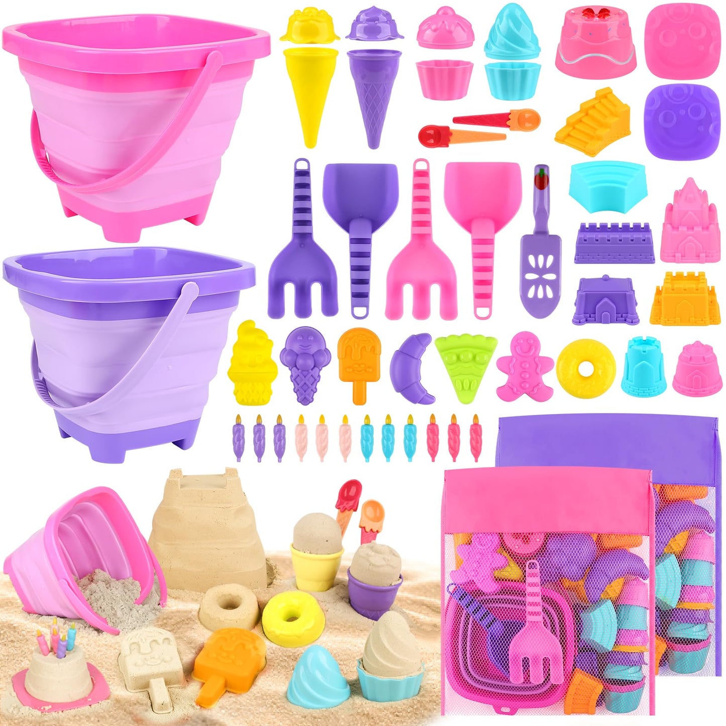 Dreamon Collapsible Beach Toys Set for Kids 3-10 | 2 Buckets, Molds & Mesh Bags