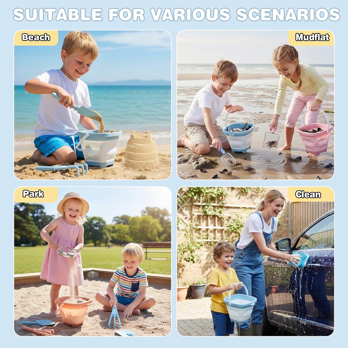 Dreamon Beach Sand Toys Mesh Shovel Set – 3 Foldable Buckets & Shell Scoopers