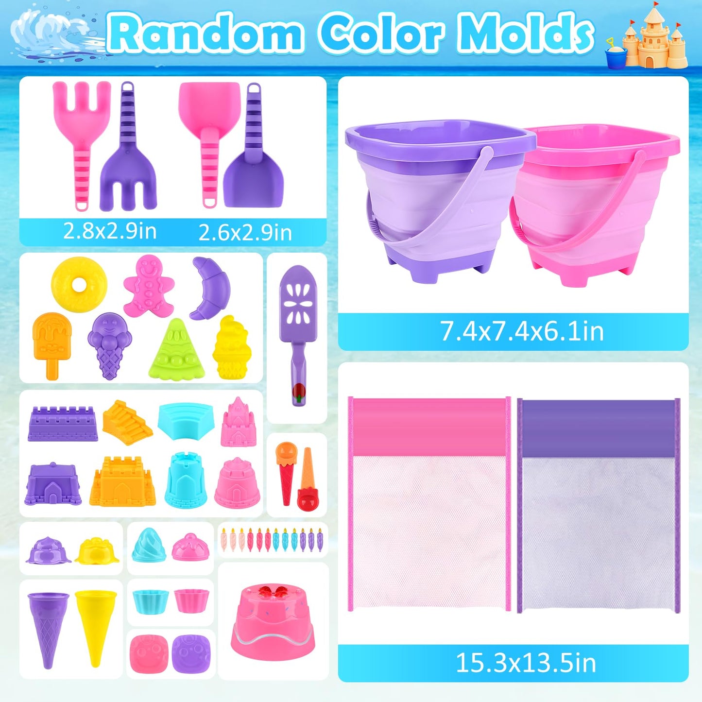 Dreamon Collapsible Beach Toys Set for Kids 3-10 | 2 Buckets, Molds & Mesh Bags