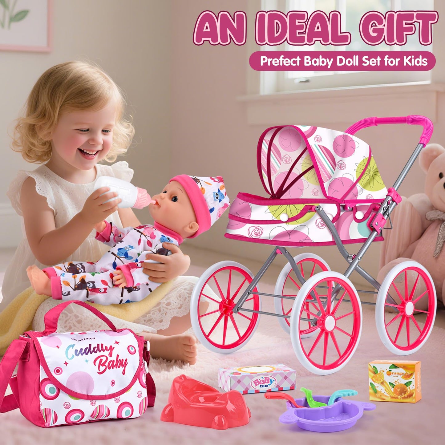 Dreamon Baby Doll Stroller Set – 12.5'' Doll, Changing Station & Accessories for Pretend Play