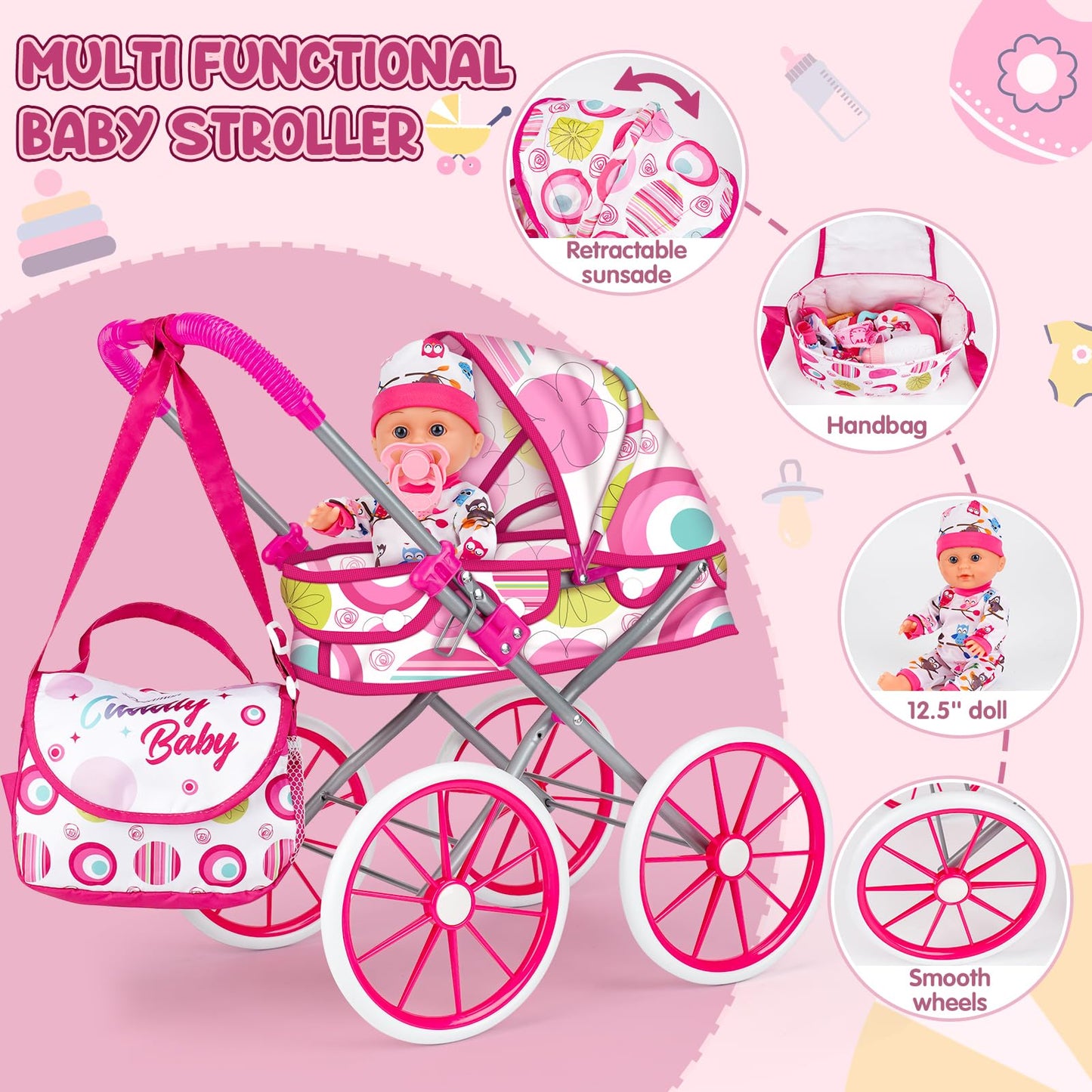 Dreamon Baby Doll Stroller Set – 12.5'' Doll, Changing Station & Accessories for Pretend Play