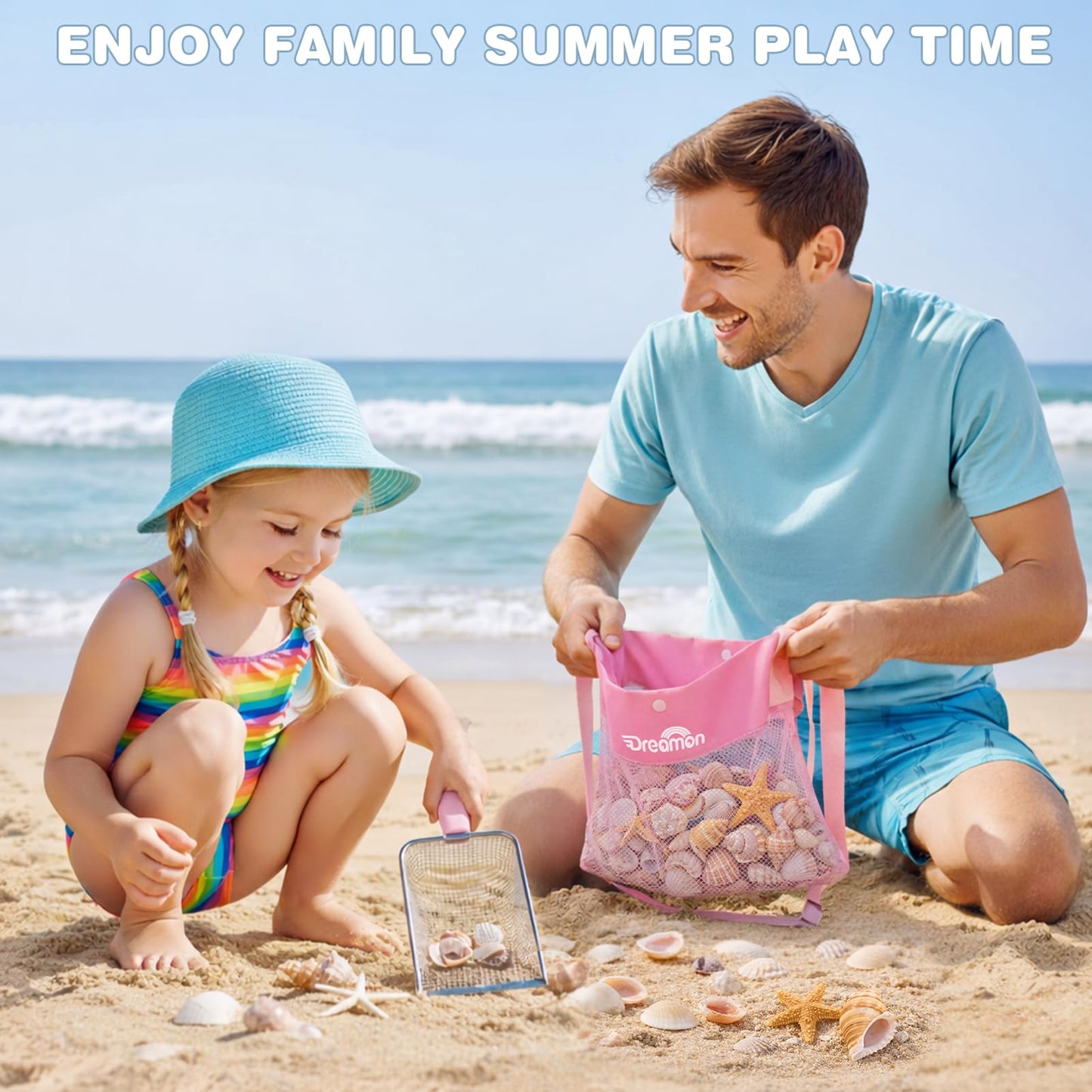 Dreamon Beach Sand Toys Mesh Shovel Set – 3 Foldable Buckets & Shell Scoopers