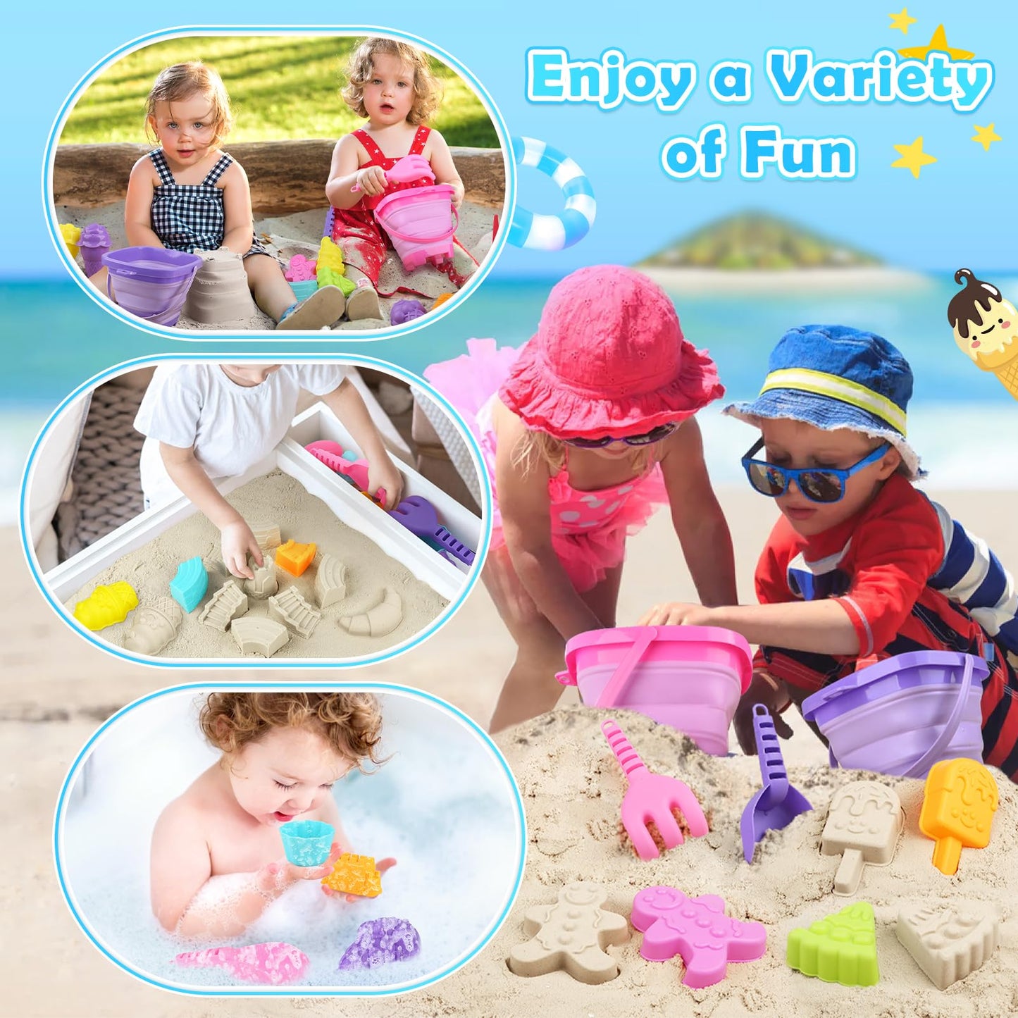 Dreamon Collapsible Beach Toys Set for Kids 3-10 | 2 Buckets, Molds & Mesh Bags