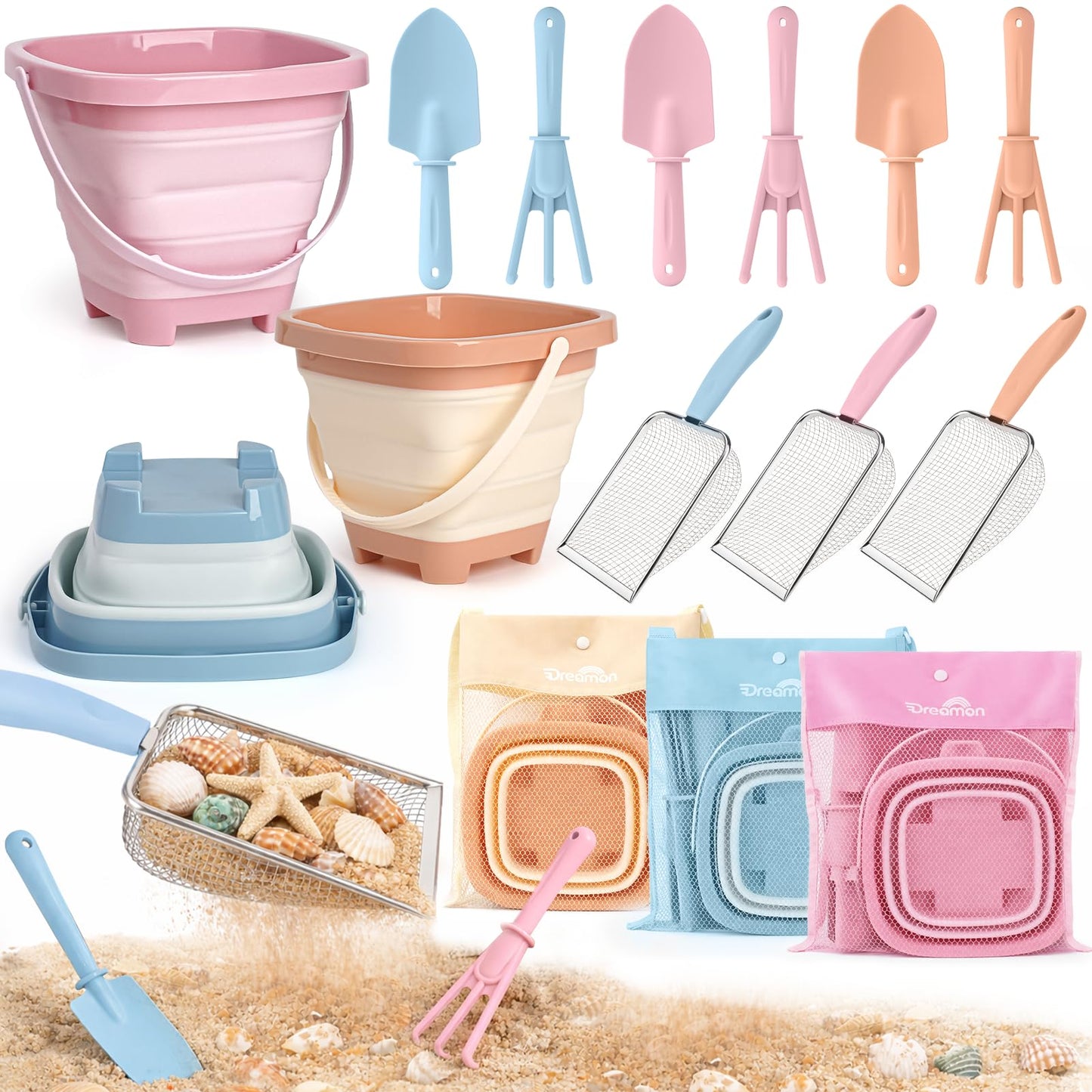 Dreamon Beach Sand Toys Mesh Shovel Set – 3 Foldable Buckets & Shell Scoopers