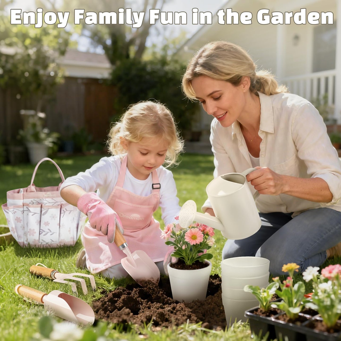 Dreamon Gardening Set for Kids – Pink Tool Kit with Tote, Apron, Gloves, Shovel & Watering Can