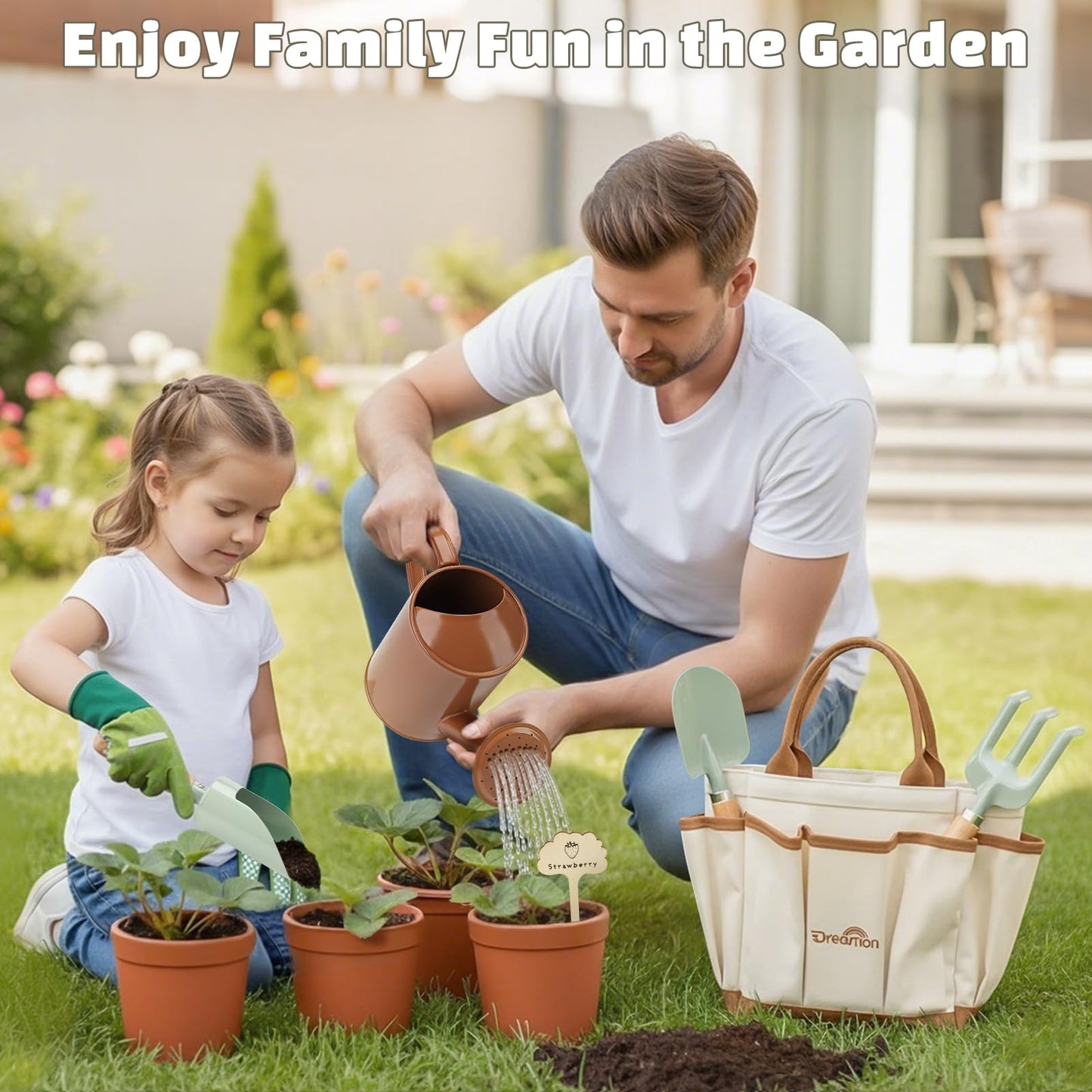 Dreamon Gardening Set for Kids – Complete Kid-Sized Tool Kit with Tote, Gloves, Shovel, Transplanter, Cultivator, and Watering Can