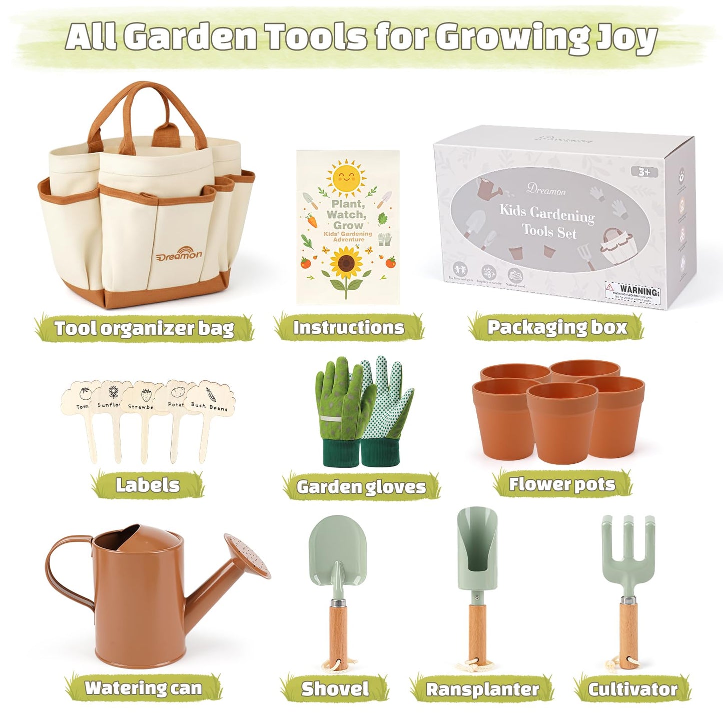 Dreamon Gardening Set for Kids – Complete Kid-Sized Tool Kit with Tote, Gloves, Shovel, Transplanter, Cultivator, and Watering Can
