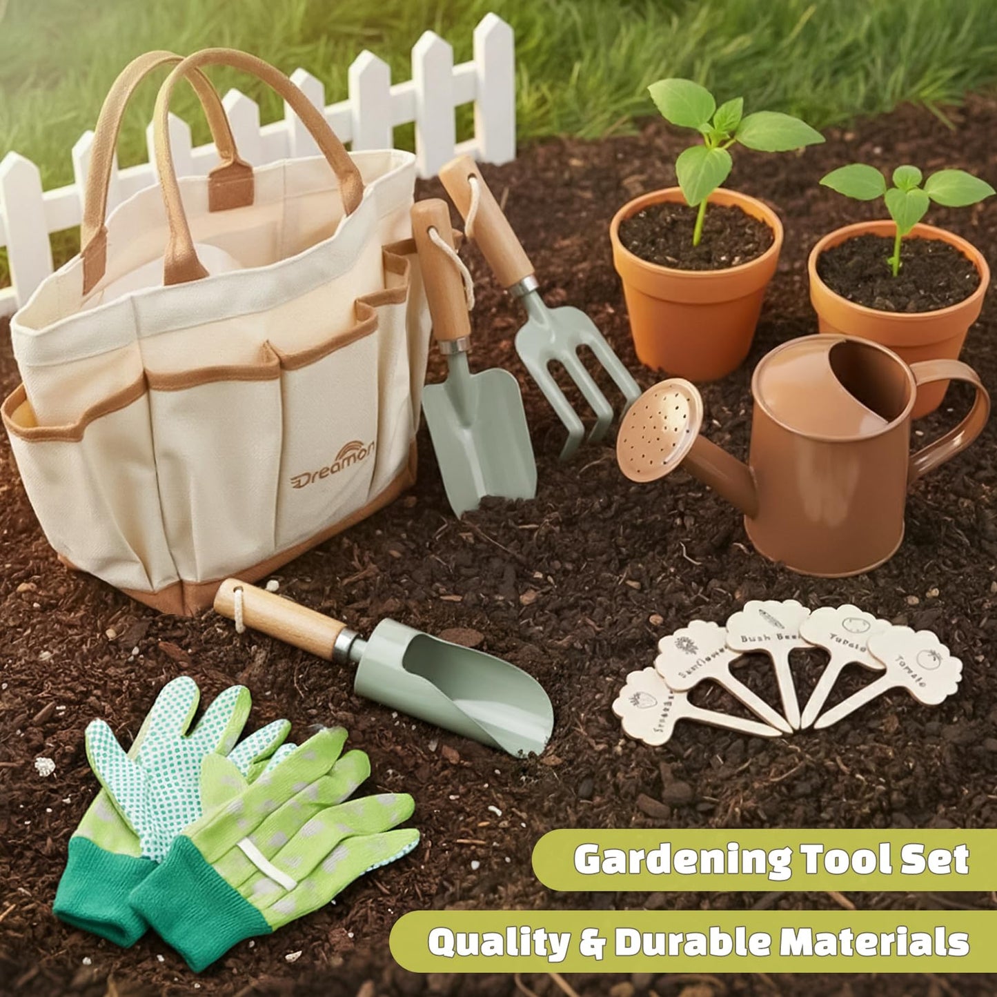 Dreamon Gardening Set for Kids – Complete Kid-Sized Tool Kit with Tote, Gloves, Shovel, Transplanter, Cultivator, and Watering Can