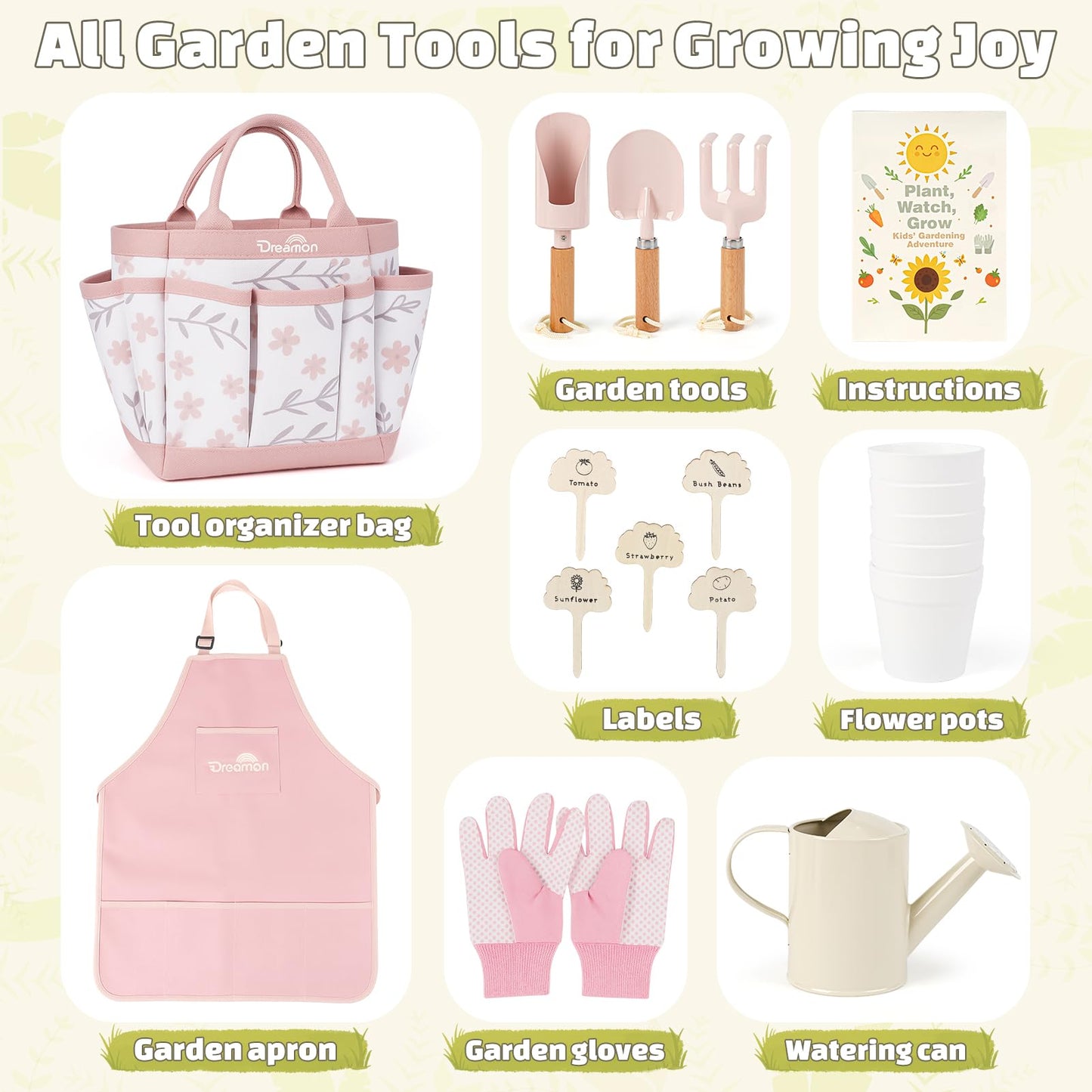 Dreamon Gardening Set for Kids – Pink Tool Kit with Tote, Apron, Gloves, Shovel & Watering Can