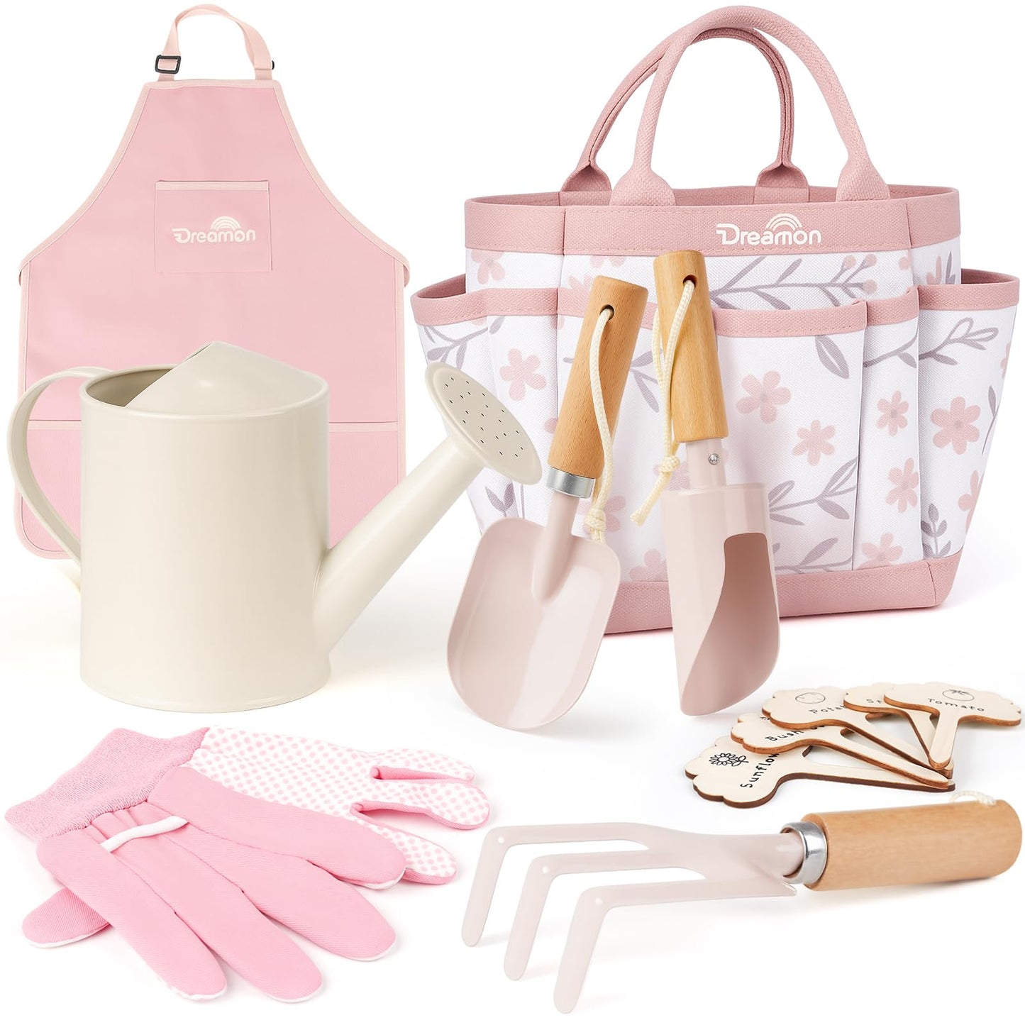 Dreamon Gardening Set for Kids – Pink Tool Kit with Tote, Apron, Gloves, Shovel & Watering Can