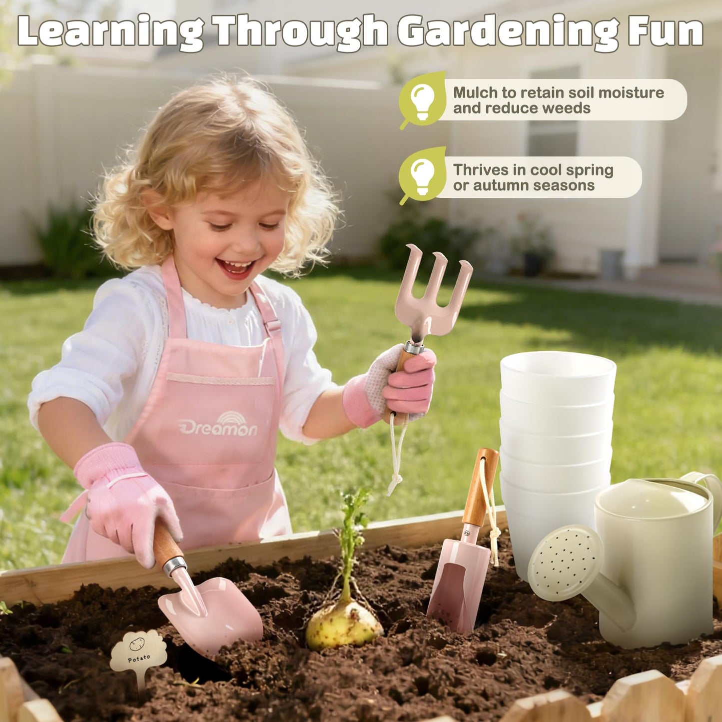 Dreamon Gardening Set for Kids – Pink Tool Kit with Tote, Apron, Gloves, Shovel & Watering Can