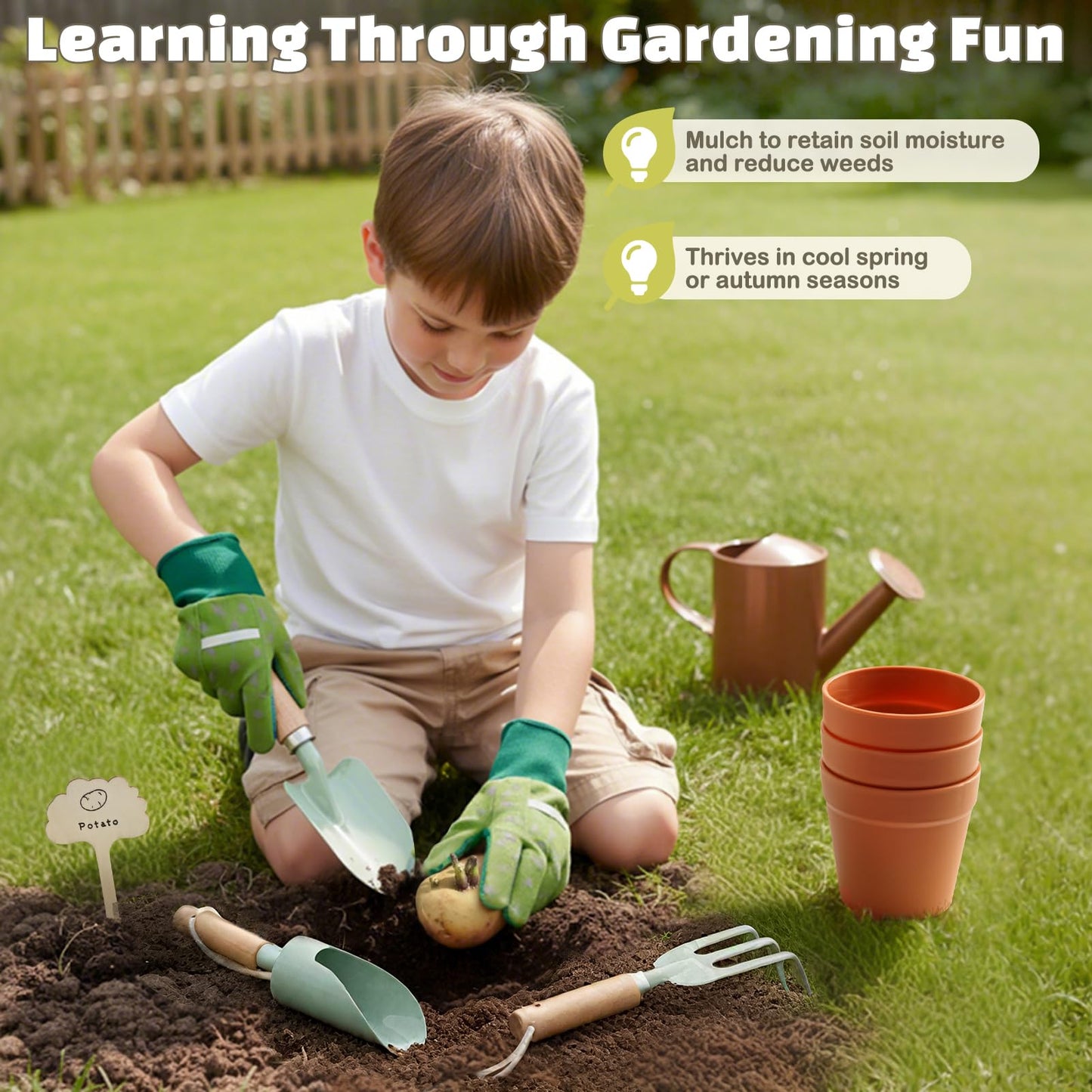Dreamon Gardening Set for Kids – Complete Kid-Sized Tool Kit with Tote, Gloves, Shovel, Transplanter, Cultivator, and Watering Can