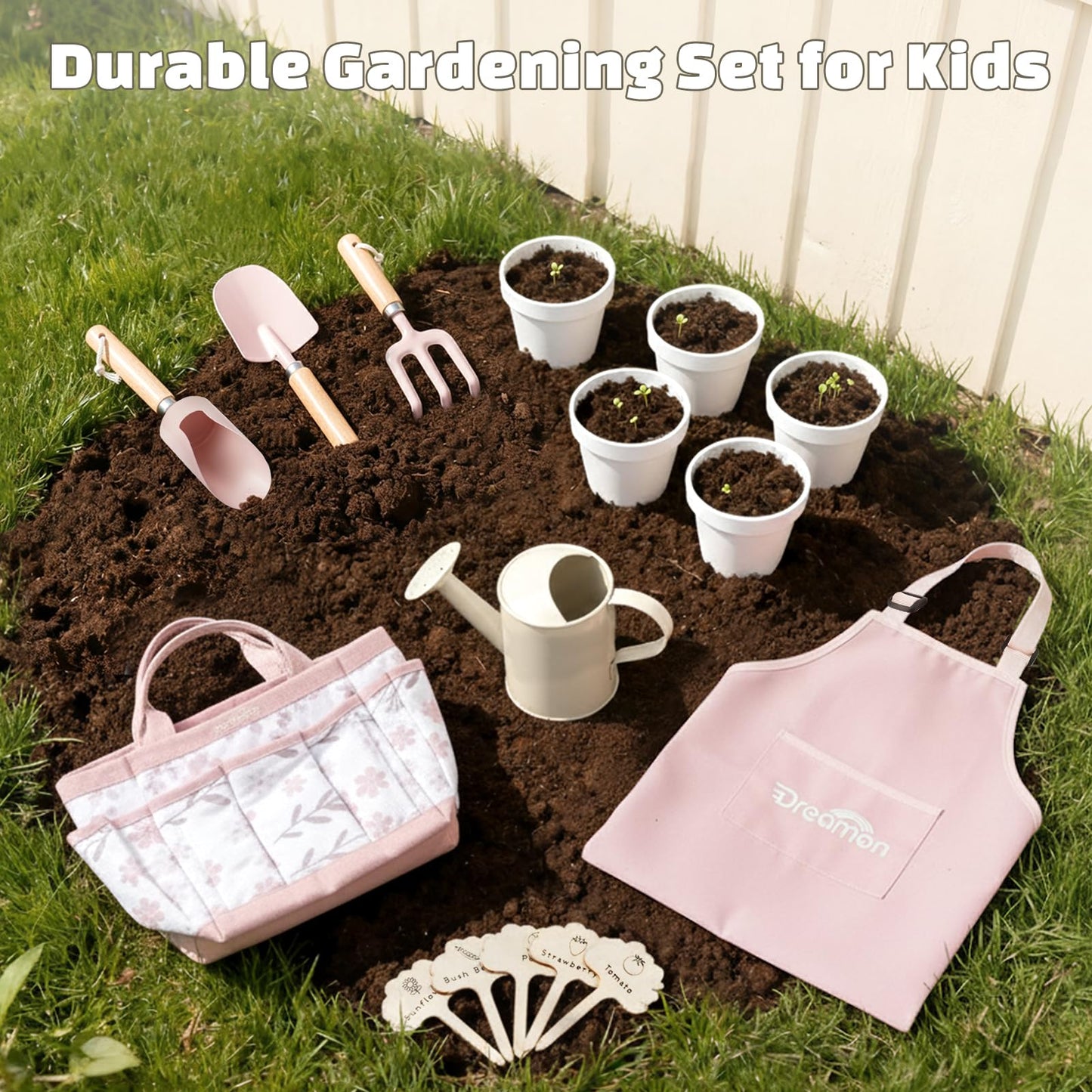 Dreamon Gardening Set for Kids – Pink Tool Kit with Tote, Apron, Gloves, Shovel & Watering Can