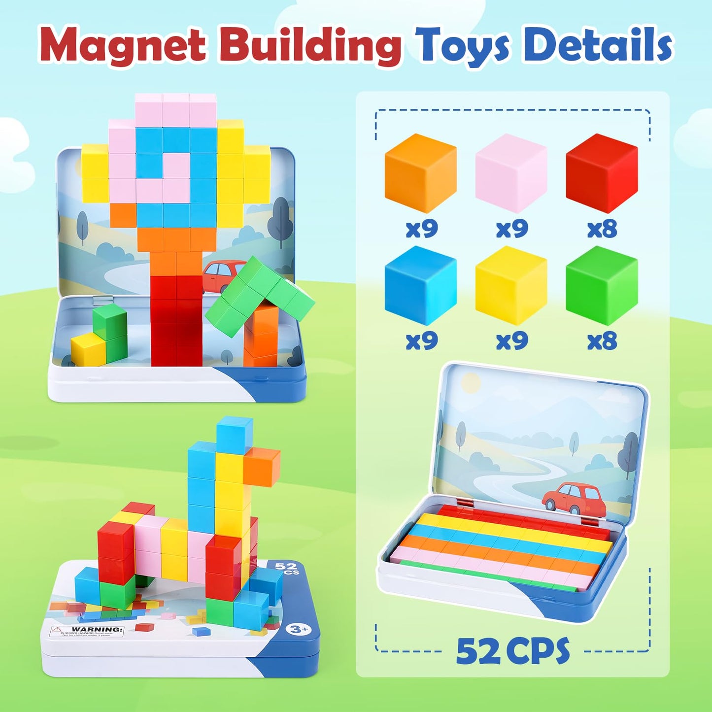 Dreamon 52 PCS Magnetic Blocks with Metal Tin – 0.8in Mini Building Cubes for Travel, STEM Toys for Kids 3+