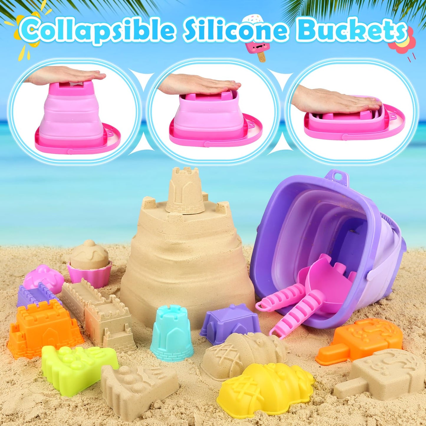 Dreamon Collapsible Beach Toys Set for Kids 3-10 | 2 Buckets, Molds & Mesh Bags