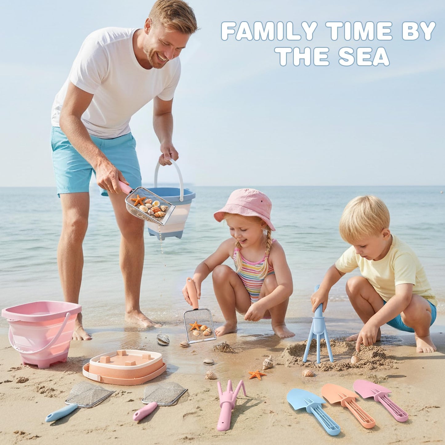 Dreamon Beach Sand Toys Mesh Shovel Set – 3 Foldable Buckets & Shell Scoopers