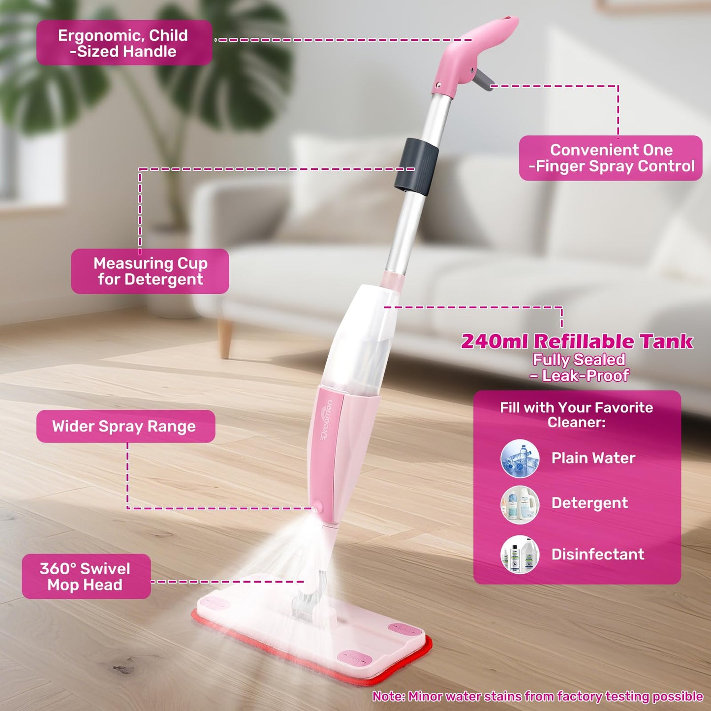 Dreamon Kids Spray Mop – Real Water Spray, 3 Washable Pads, Montessori Toy (Pink)