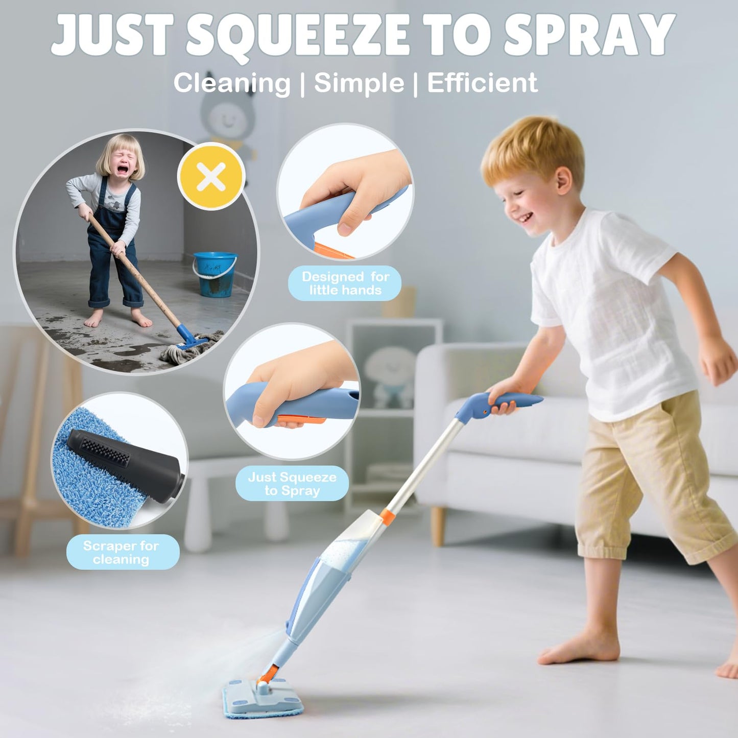 Dreamon Kids Spray Mop - Real Spray Cleaning Toy Set with 3 Washable Pads & Scraper