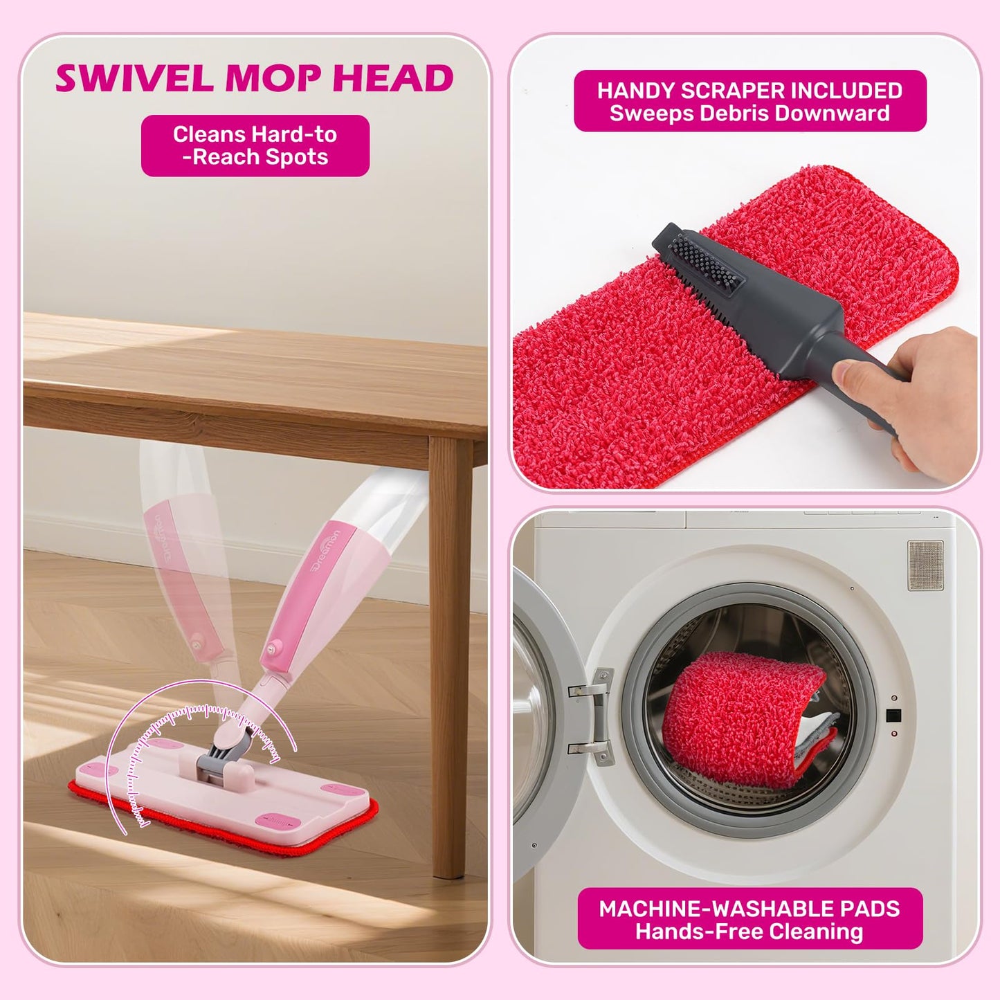 Dreamon Kids Spray Mop – Real Water Spray, 3 Washable Pads, Montessori Toy (Pink)