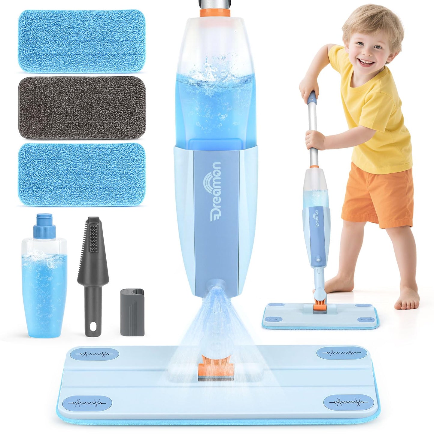 Dreamon Kids Spray Mop - Real Spray Cleaning Toy Set with 3 Washable Pads & Scraper