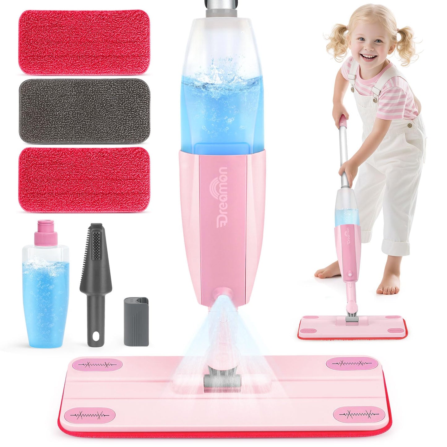 Dreamon Kids Spray Mop – Real Water Spray, 3 Washable Pads, Montessori Toy (Pink)