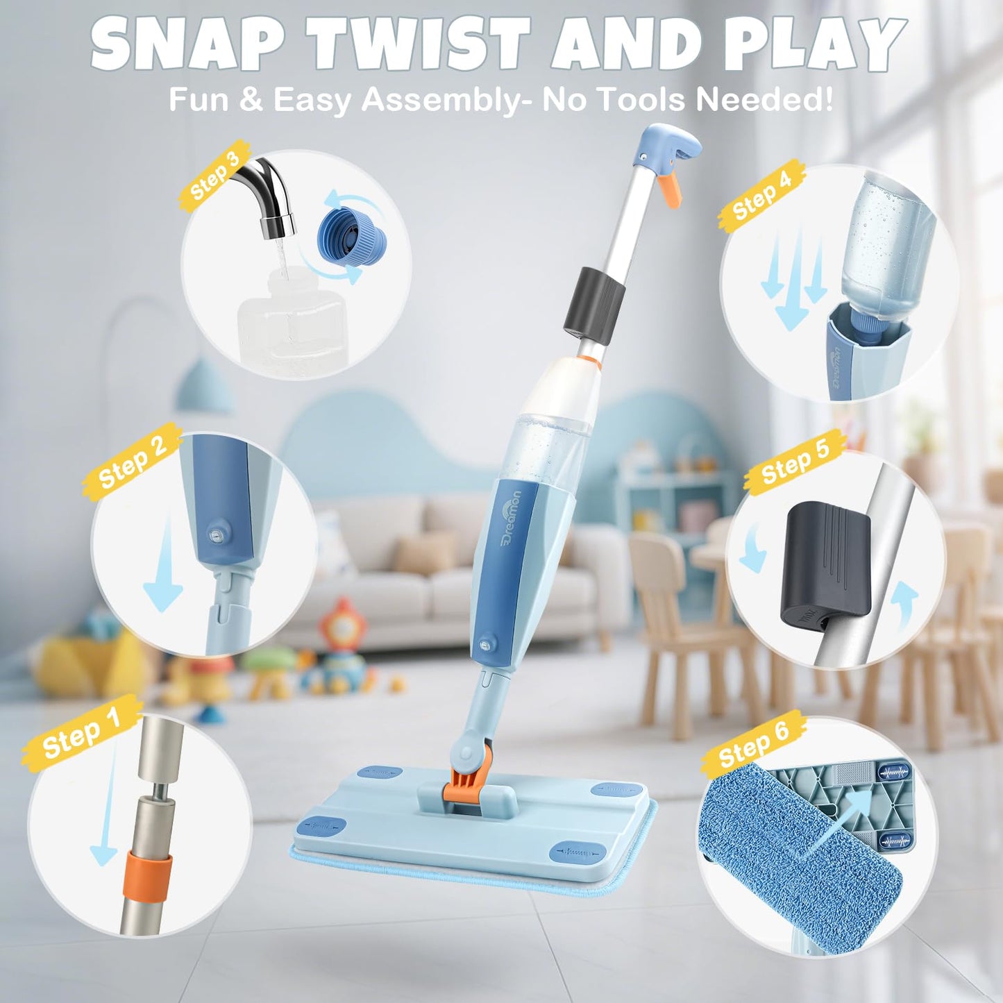 Dreamon Kids Spray Mop - Real Spray Cleaning Toy Set with 3 Washable Pads & Scraper