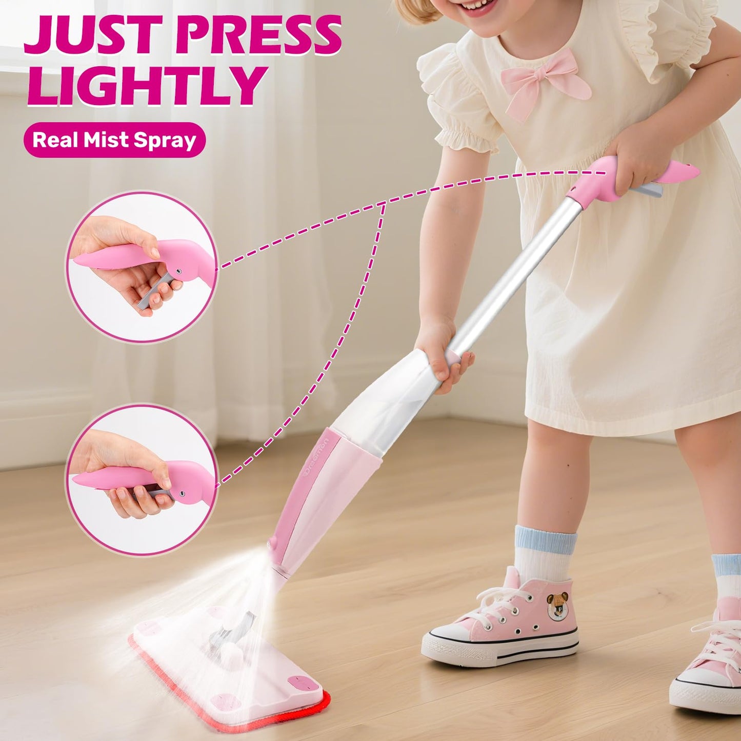 Dreamon Kids Spray Mop – Real Water Spray, 3 Washable Pads, Montessori Toy (Pink)