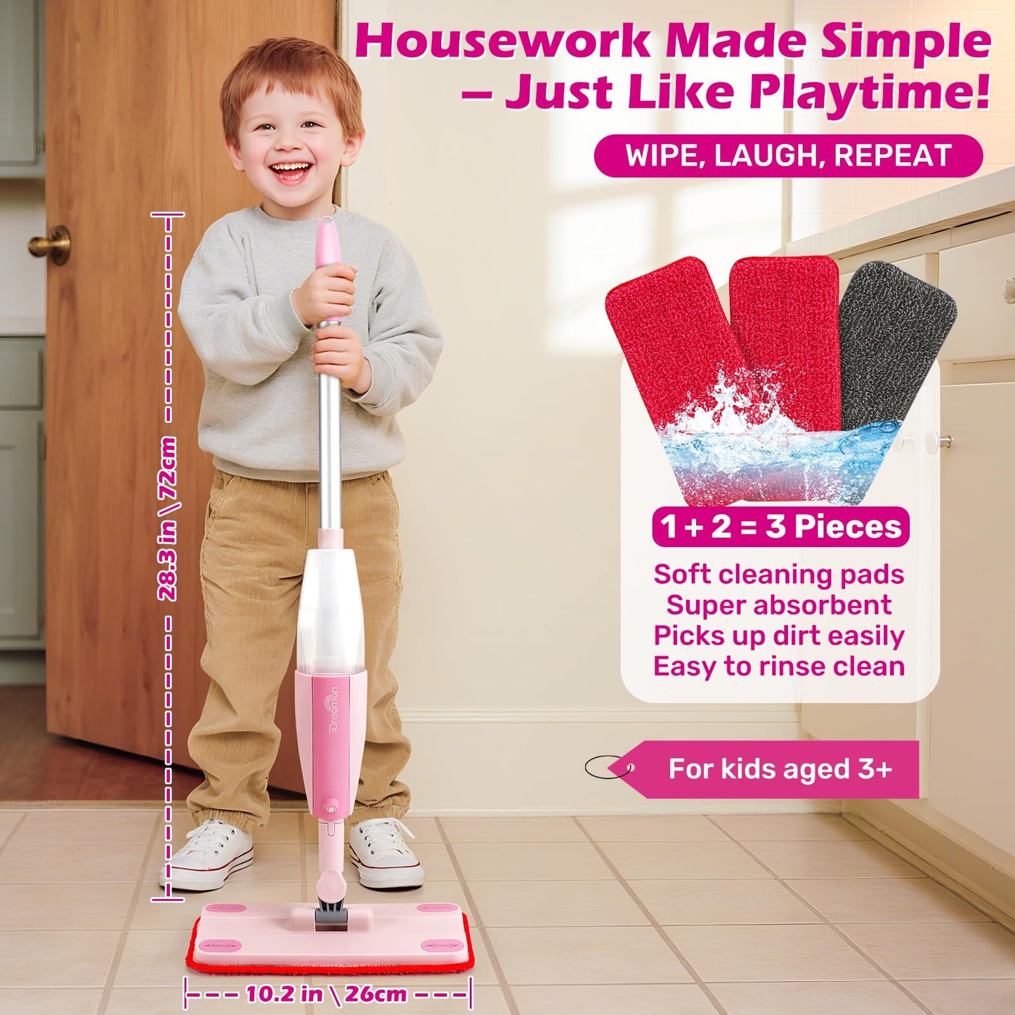 Dreamon Kids Spray Mop – Real Water Spray, 3 Washable Pads, Montessori Toy (Pink)