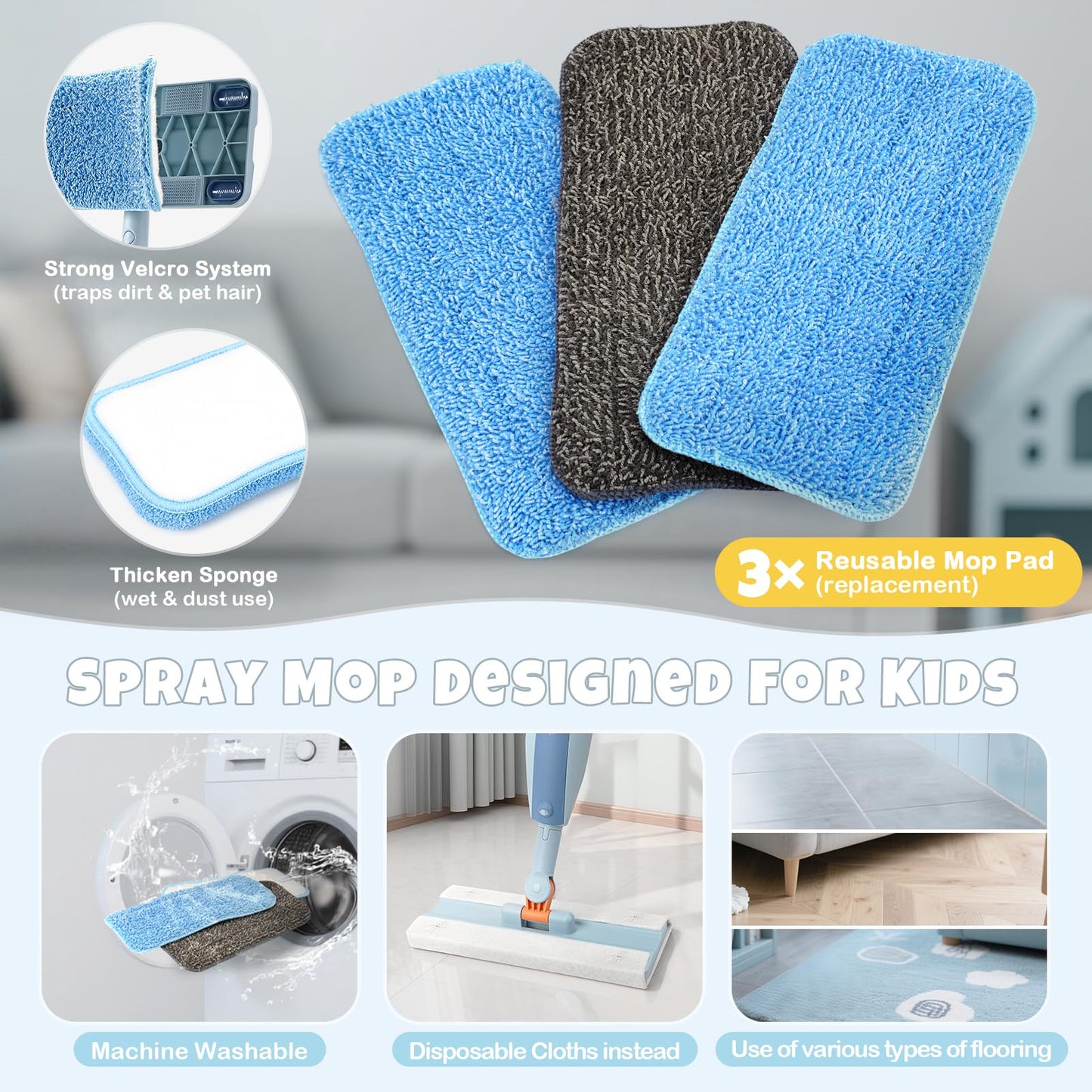 Dreamon Kids Spray Mop - Real Spray Cleaning Toy Set with 3 Washable Pads & Scraper