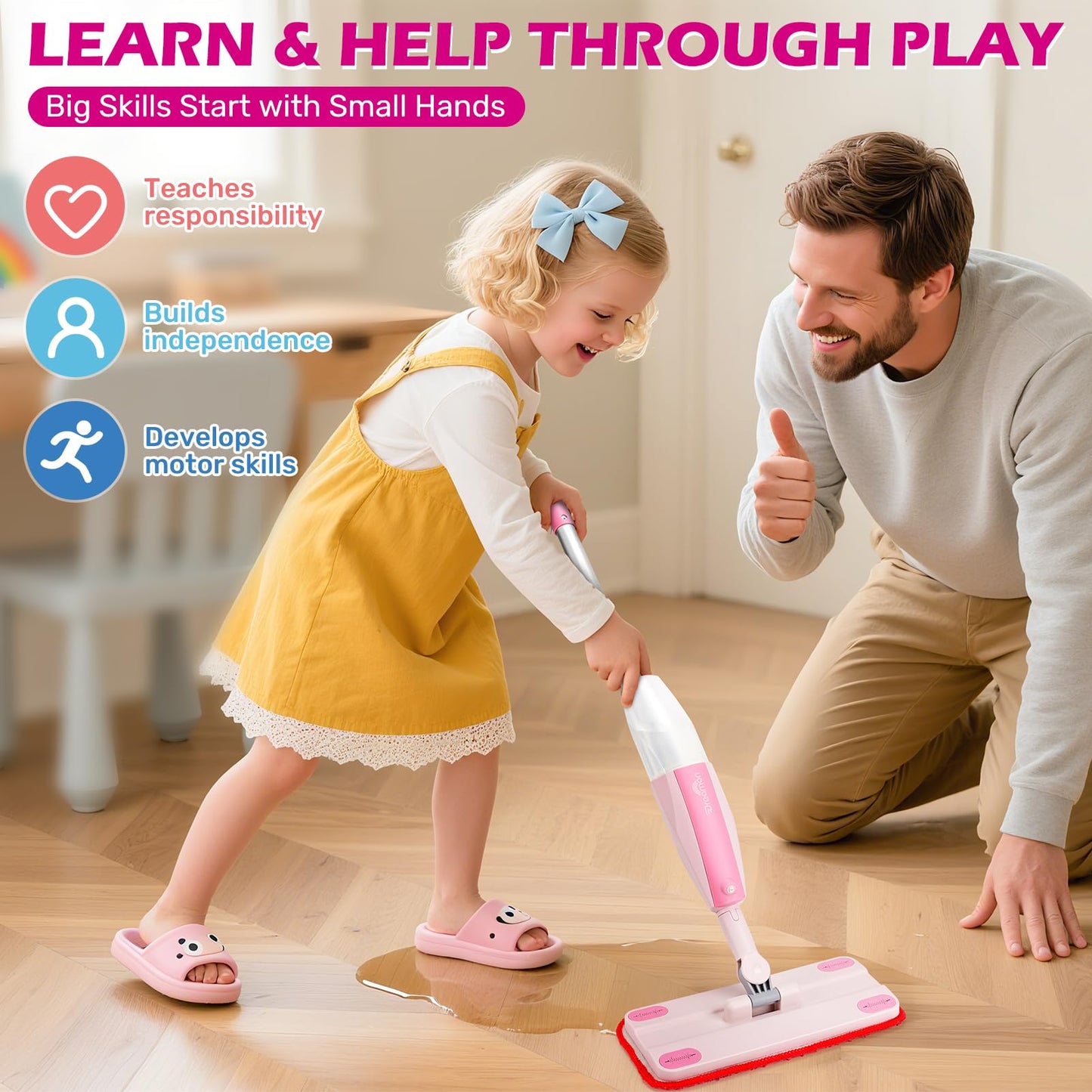 Dreamon Kids Spray Mop – Real Water Spray, 3 Washable Pads, Montessori Toy (Pink)