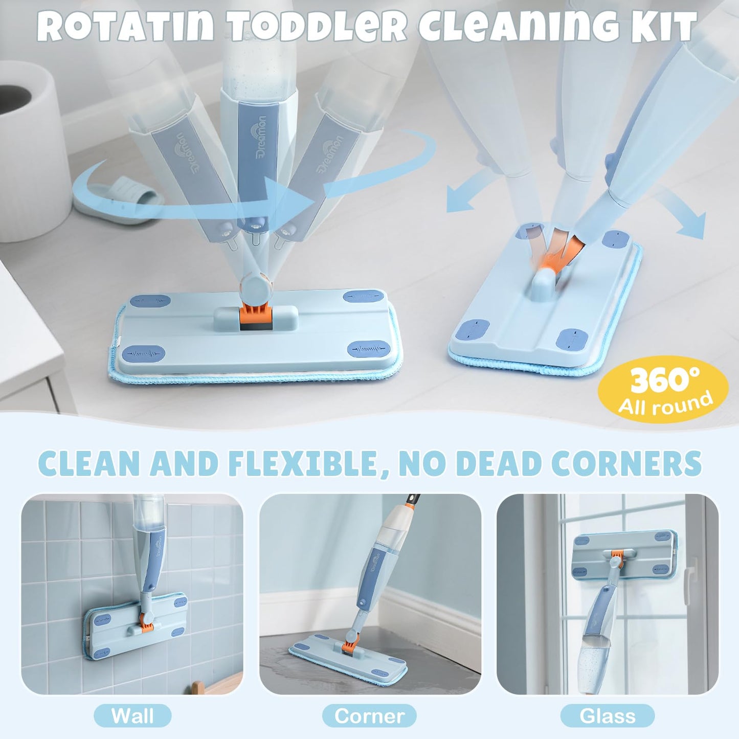 Dreamon Kids Spray Mop - Real Spray Cleaning Toy Set with 3 Washable Pads & Scraper