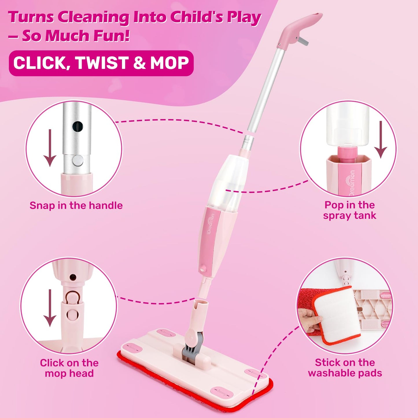 Dreamon Kids Spray Mop – Real Water Spray, 3 Washable Pads, Montessori Toy (Pink)