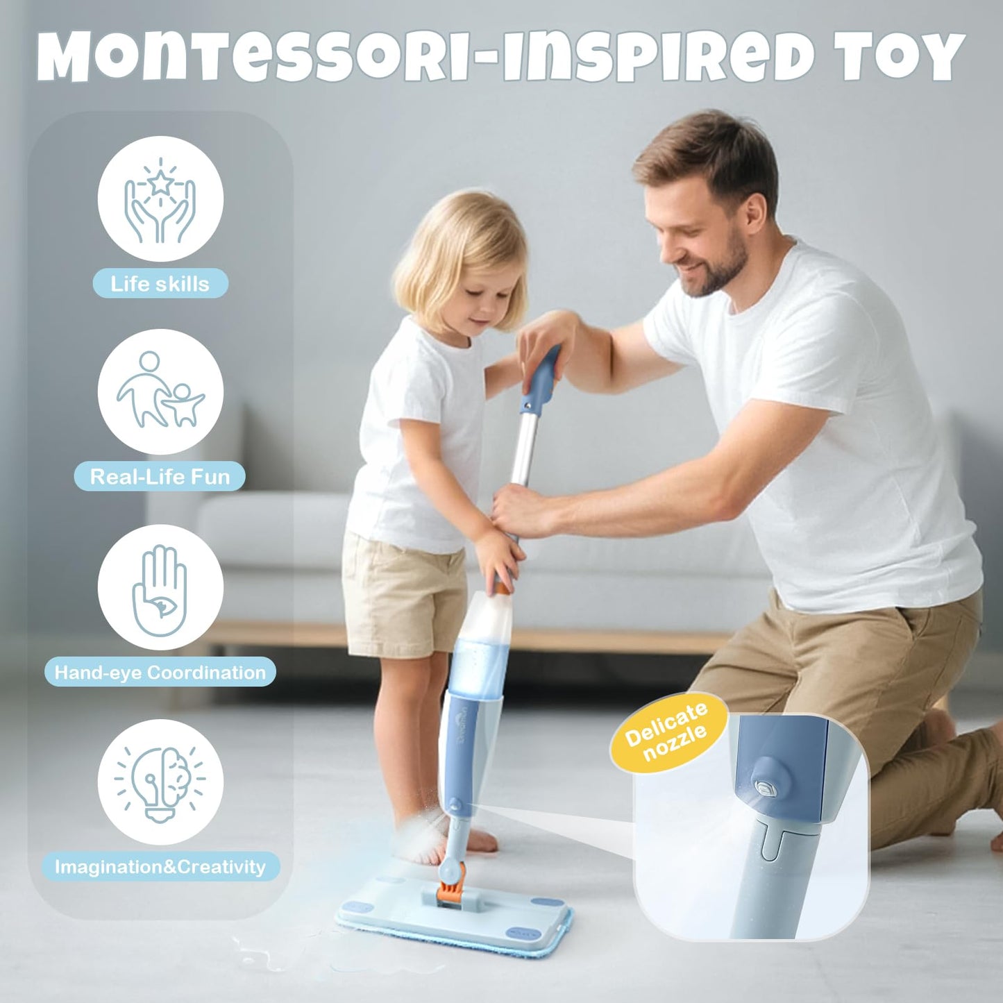 Dreamon Kids Spray Mop - Real Spray Cleaning Toy Set with 3 Washable Pads & Scraper