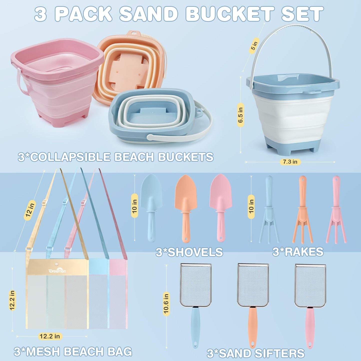 Dreamon Beach Sand Toys Mesh Shovel Set – 3 Foldable Buckets & Shell Scoopers