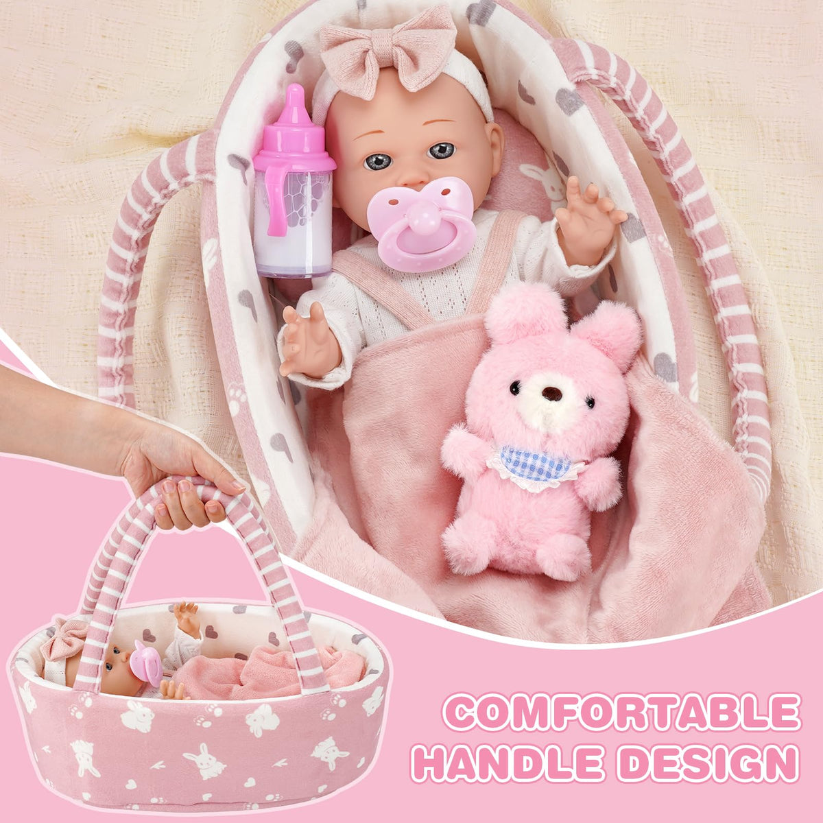 Dreamon 12'' Baby Doll Playset with Carrier Bassinet – 11-Piece Pretend Play Set