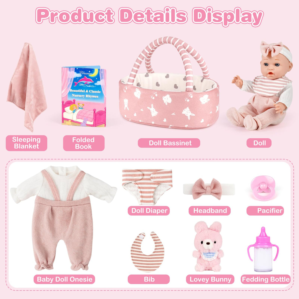 Dreamon 12'' Baby Doll Playset with Carrier Bassinet – 11-Piece Pretend Play Set