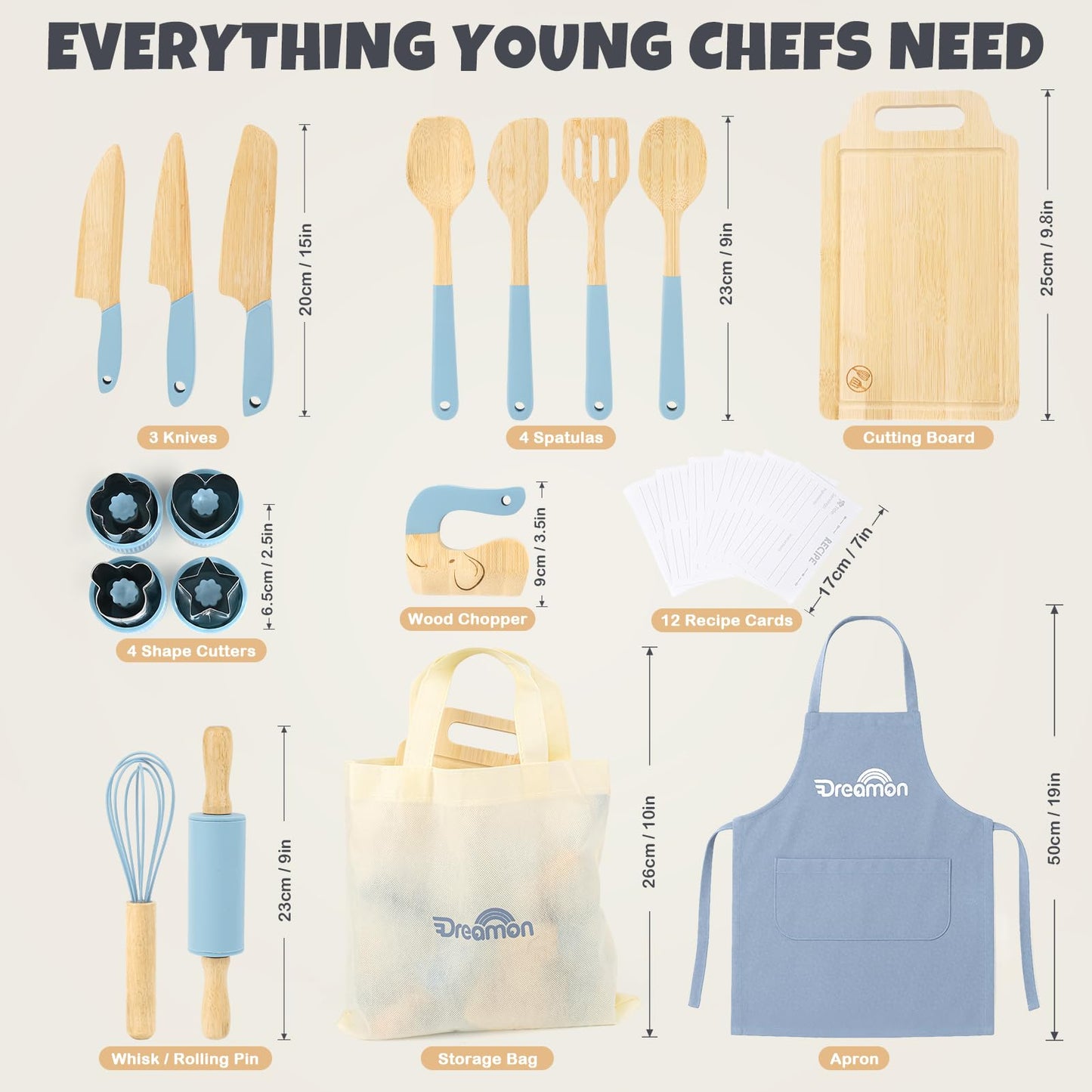 Dreamon 29-Pcs Wooden Kids Cooking Set — Real Kitchen Tools for 3+ Year Olds