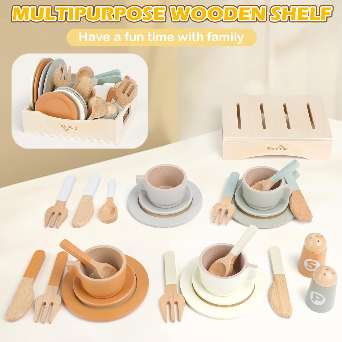 Dreamon Wooden Play Dishes & 27-Piece Kids Kitchen Set – Safe, Durable Pretend Play Toys