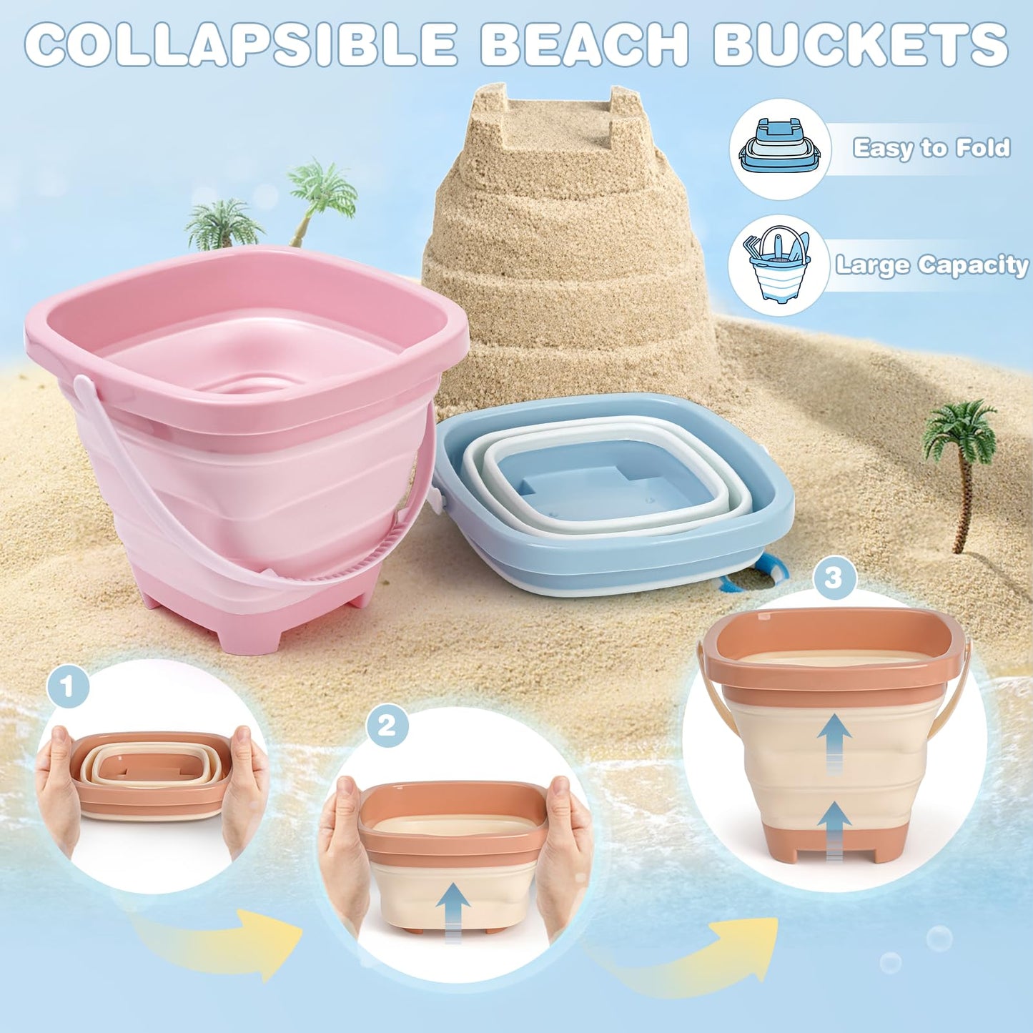 Dreamon Beach Sand Toys Mesh Shovel Set – 3 Foldable Buckets & Shell Scoopers