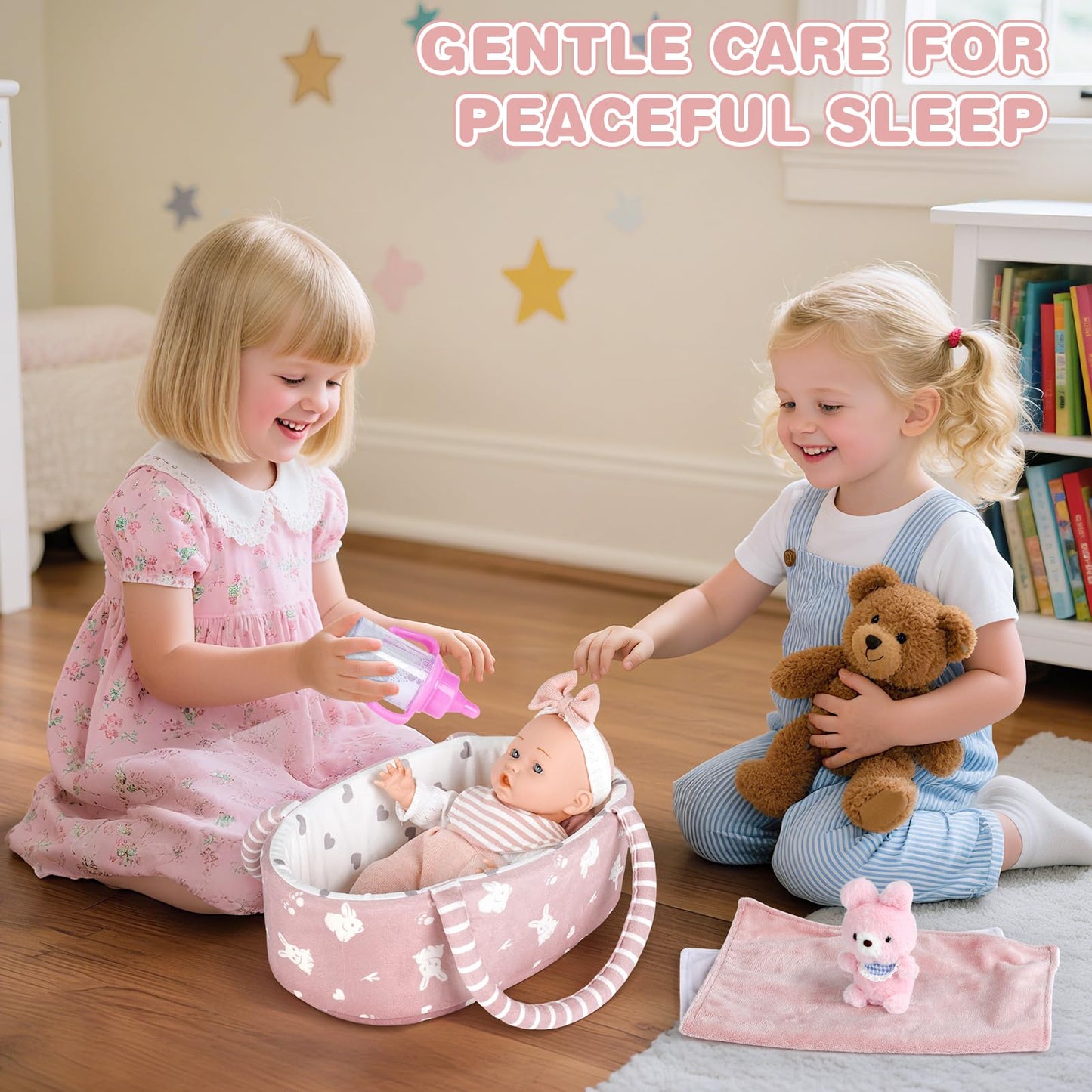 Dreamon 12'' Baby Doll Playset with Carrier Bassinet – 11-Piece Pretend Play Set