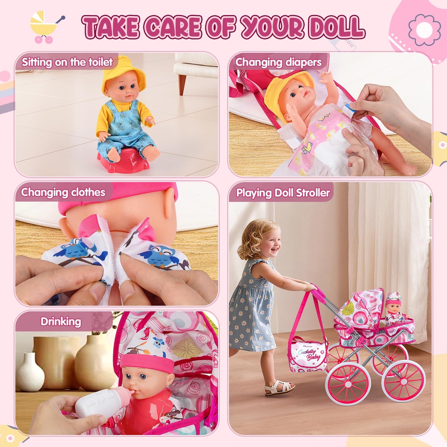 Dreamon Baby Doll Stroller Set – 12.5'' Doll, Changing Station & Accessories for Pretend Play