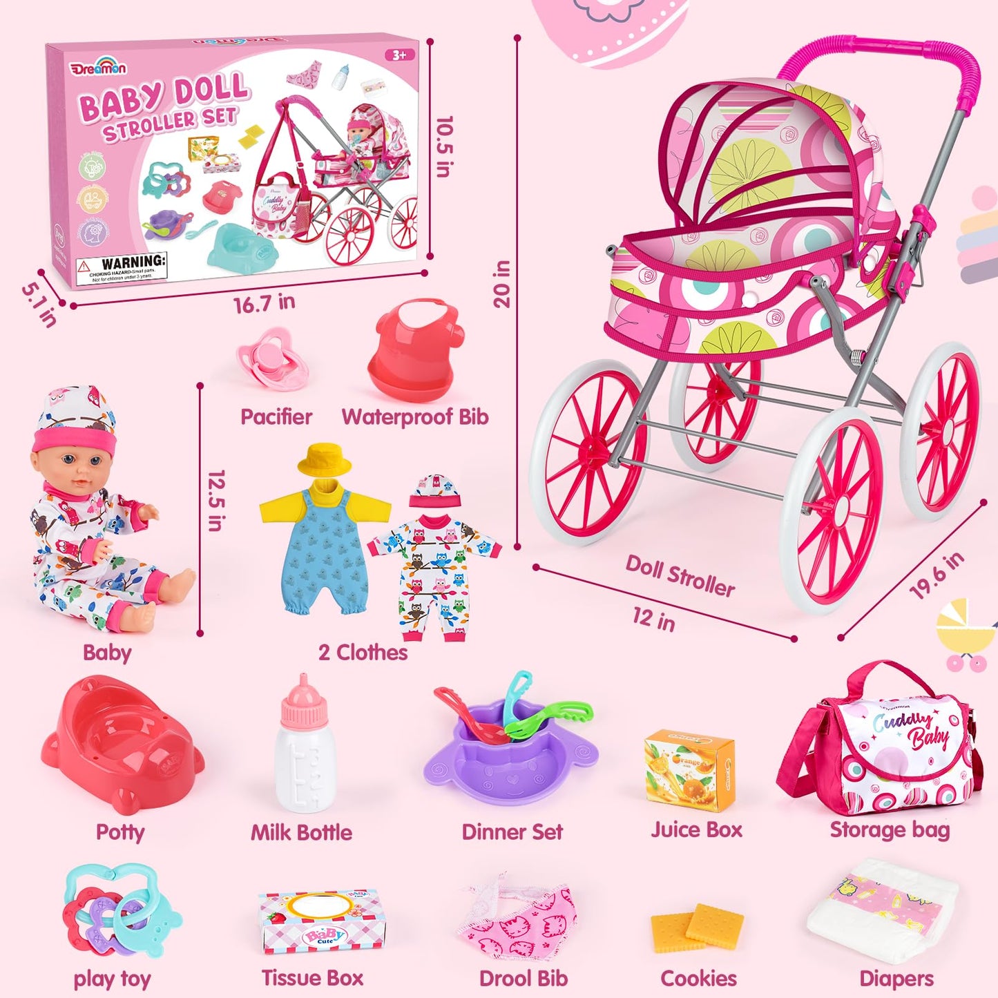 Dreamon Baby Doll Stroller Set – 12.5'' Doll, Changing Station & Accessories for Pretend Play