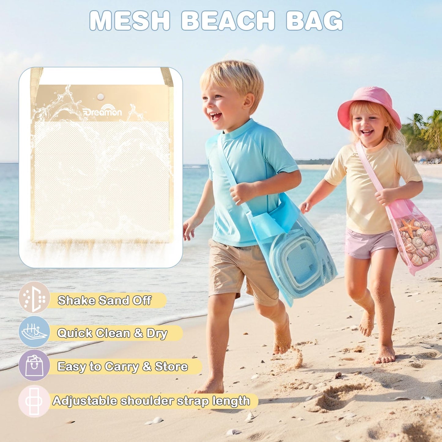 Dreamon Beach Sand Toys Mesh Shovel Set – 3 Foldable Buckets & Shell Scoopers