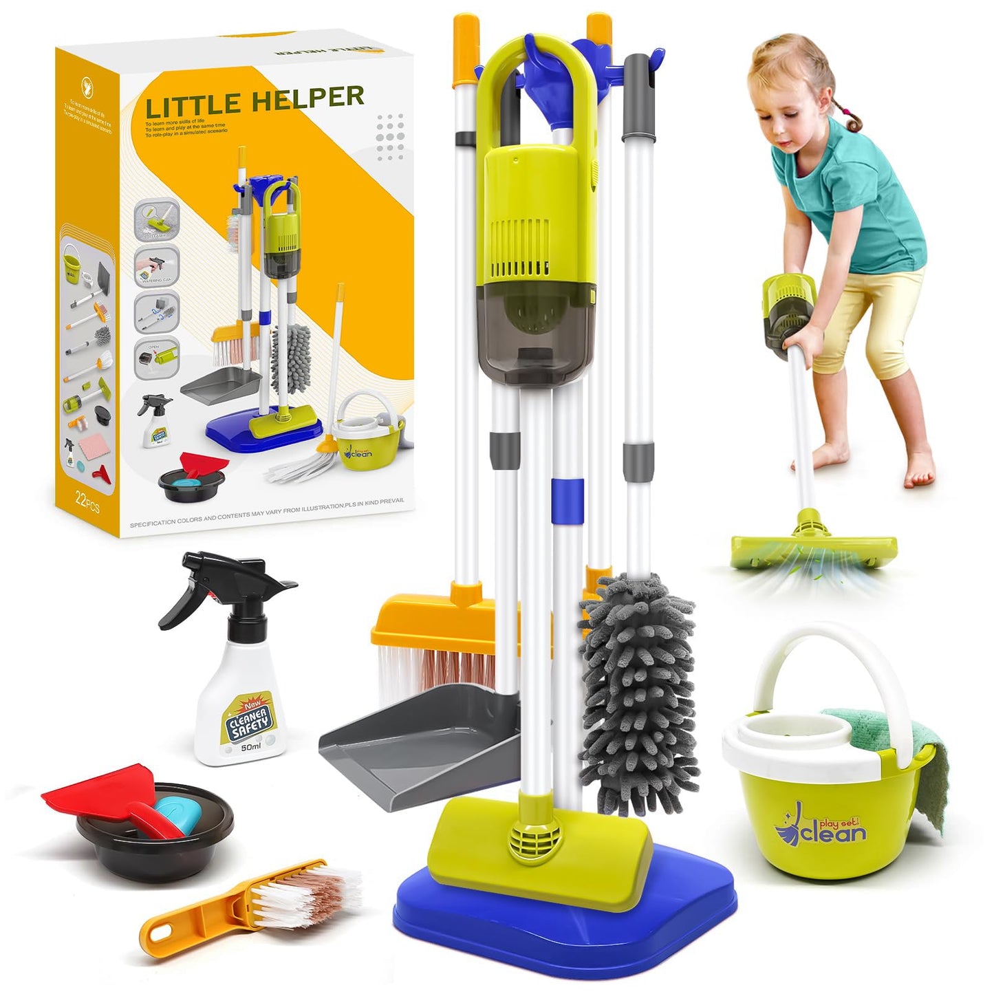 Dreamon Toddler Cleaning Set – 14-Piece Pretend Play Kit with 2-in-1 Working Vacuum (Blue)