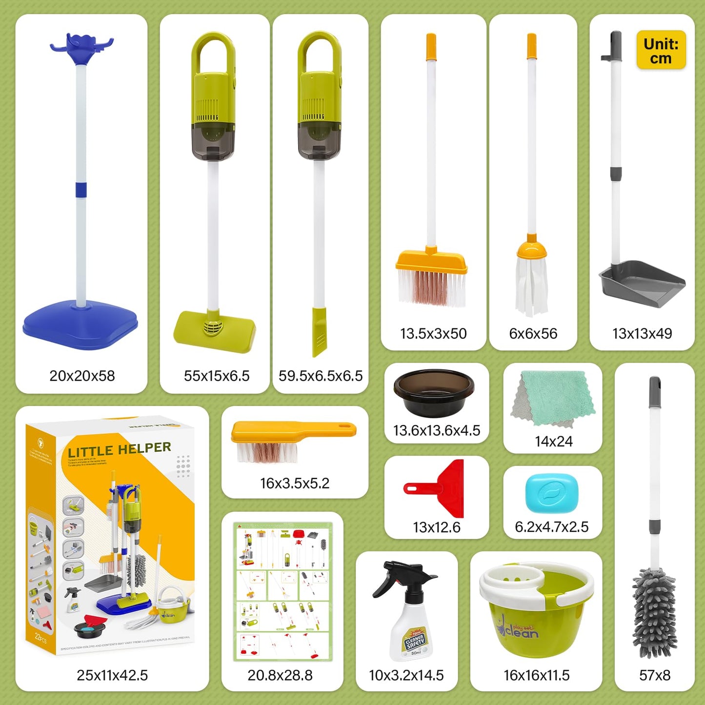 Dreamon Toddler Cleaning Set – 14-Piece Pretend Play Kit with 2-in-1 Working Vacuum (Blue)