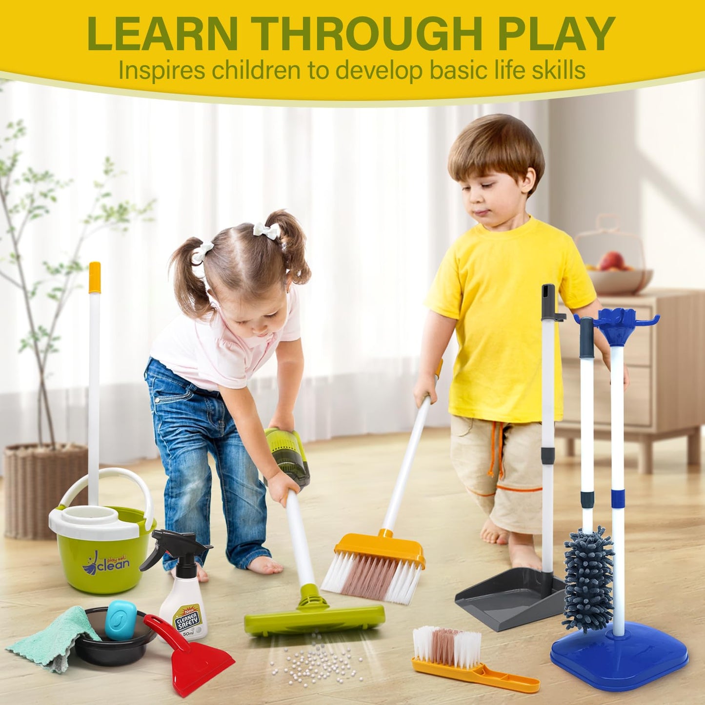 Dreamon Toddler Cleaning Set – 14-Piece Pretend Play Kit with 2-in-1 Working Vacuum (Blue)