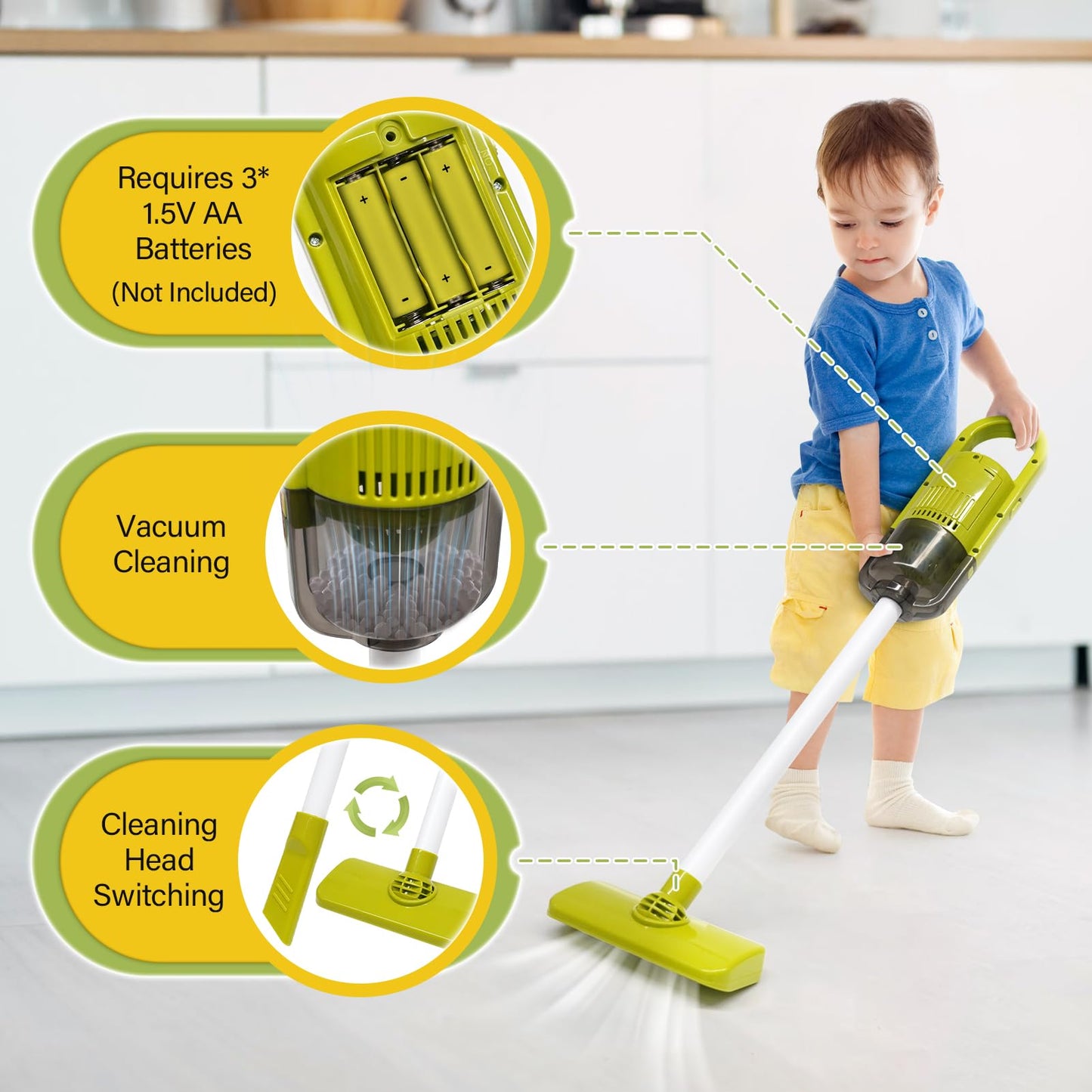 Dreamon Toddler Cleaning Set – 14-Piece Pretend Play Kit with 2-in-1 Working Vacuum (Blue)